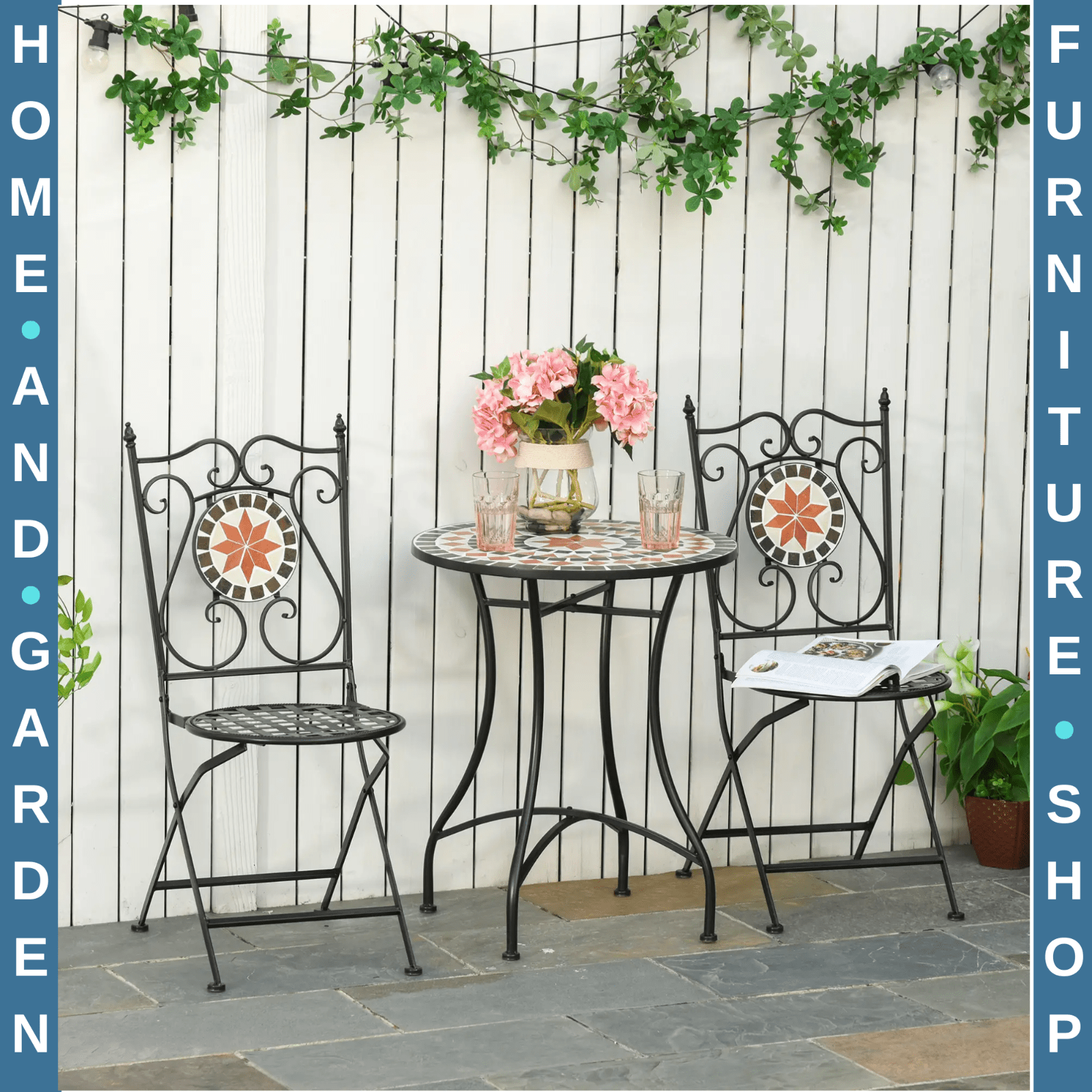 3 - Piece Garden Bistro Set Ceramic Tile Round Table & 2 Foldable Chairs Black - Home and Garden Furniture Shop - rustic - furniture
