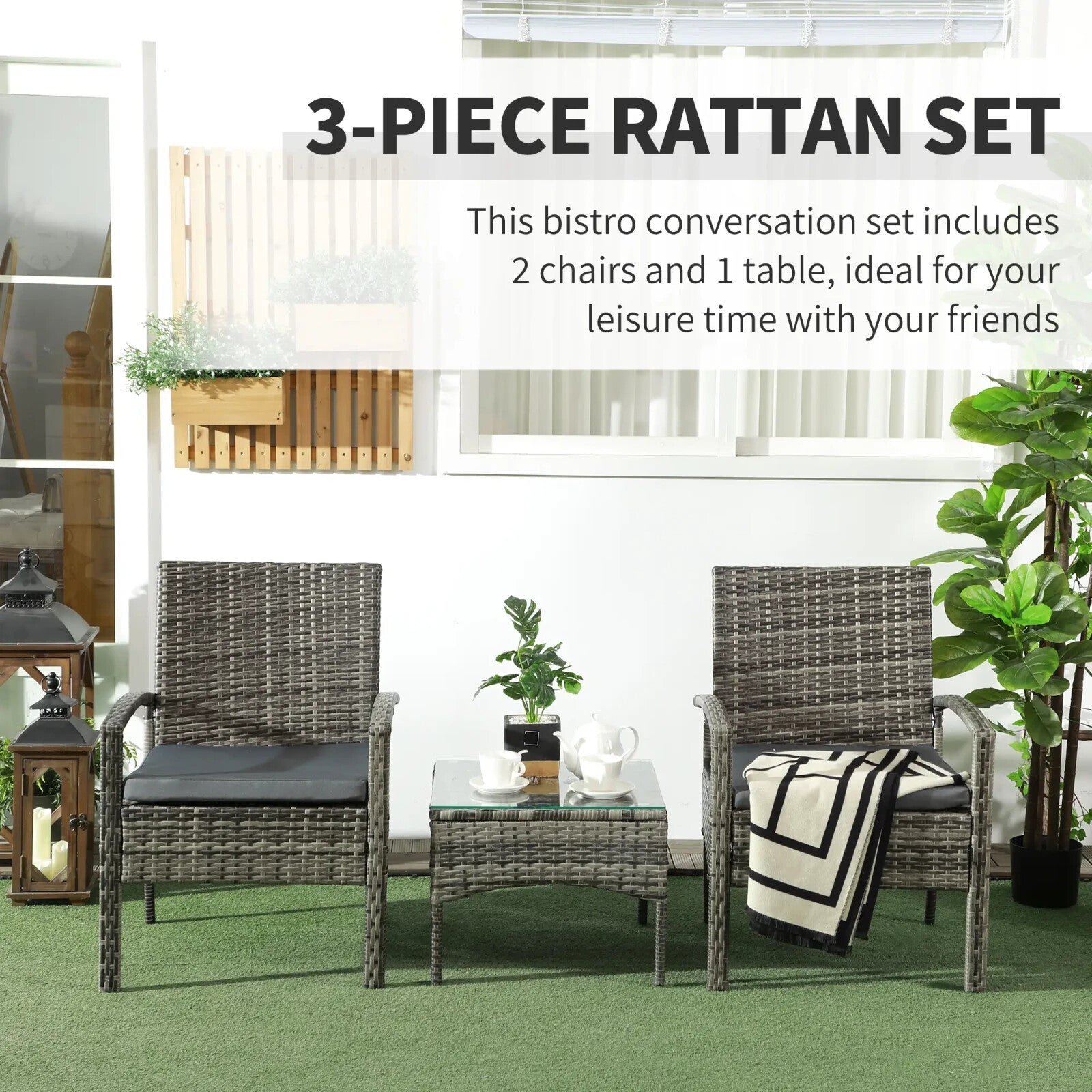 3 Piece Garden Rattan Bistro Set Patio Furniture with Table & Chairs Mixed Grey - Home and Garden Furniture Shop - rustic - furniture