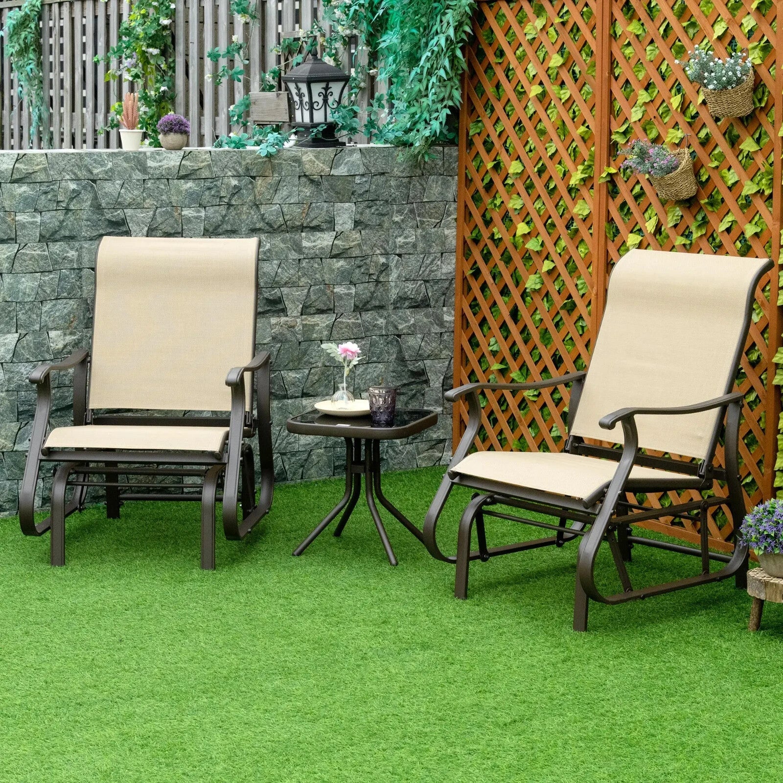 3 Piece Garden Rocking Chair Set with Armchairs and Tempered Glass Patio Table - Home and Garden Furniture Shop - #rustic - furniture#