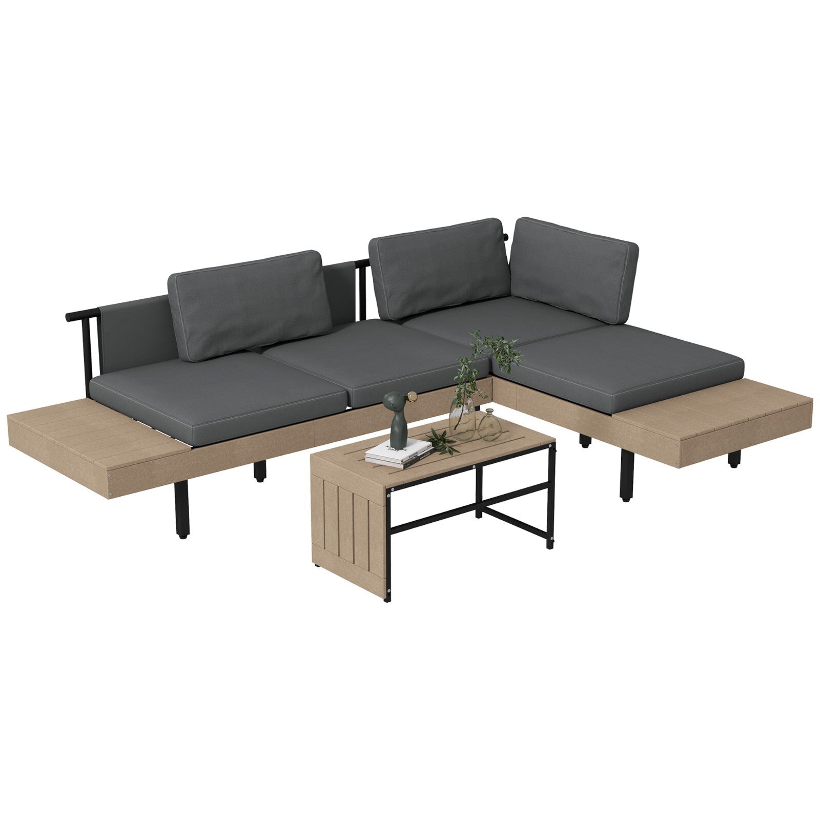 3 Piece L Shaped Garden Sofa Set with Cushions & Table HDPE Patio Furniture Grey - Home and Garden Furniture Shop - rustic - furniture