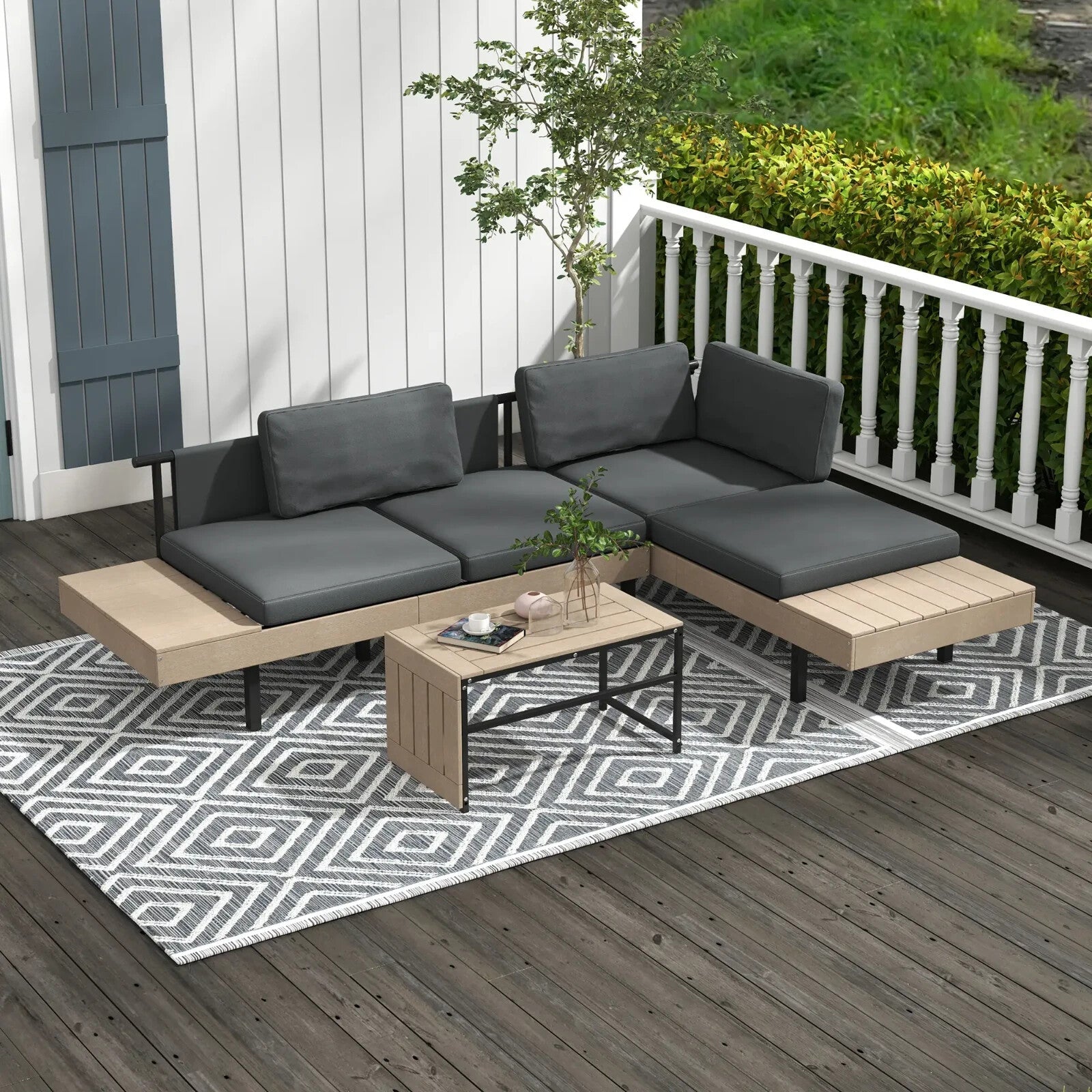 3 Piece L Shaped Garden Sofa Set with Cushions & Table HDPE Patio Furniture Grey - Home and Garden Furniture Shop - rustic - furniture