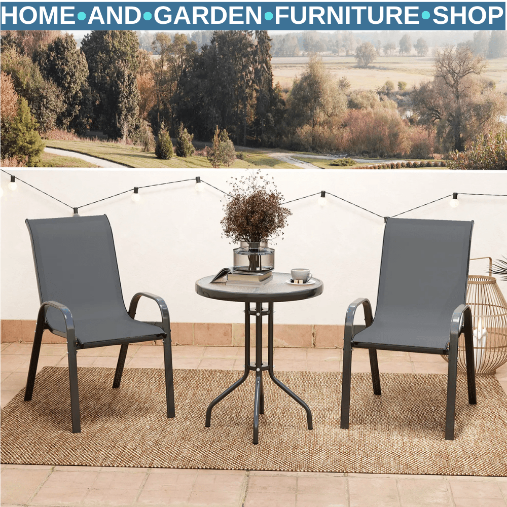 3 Piece Metal Garden Bistro Set with Glass Table & Stackable Chairs for Outdoor - Home and Garden Furniture Shop - #rustic - furniture#