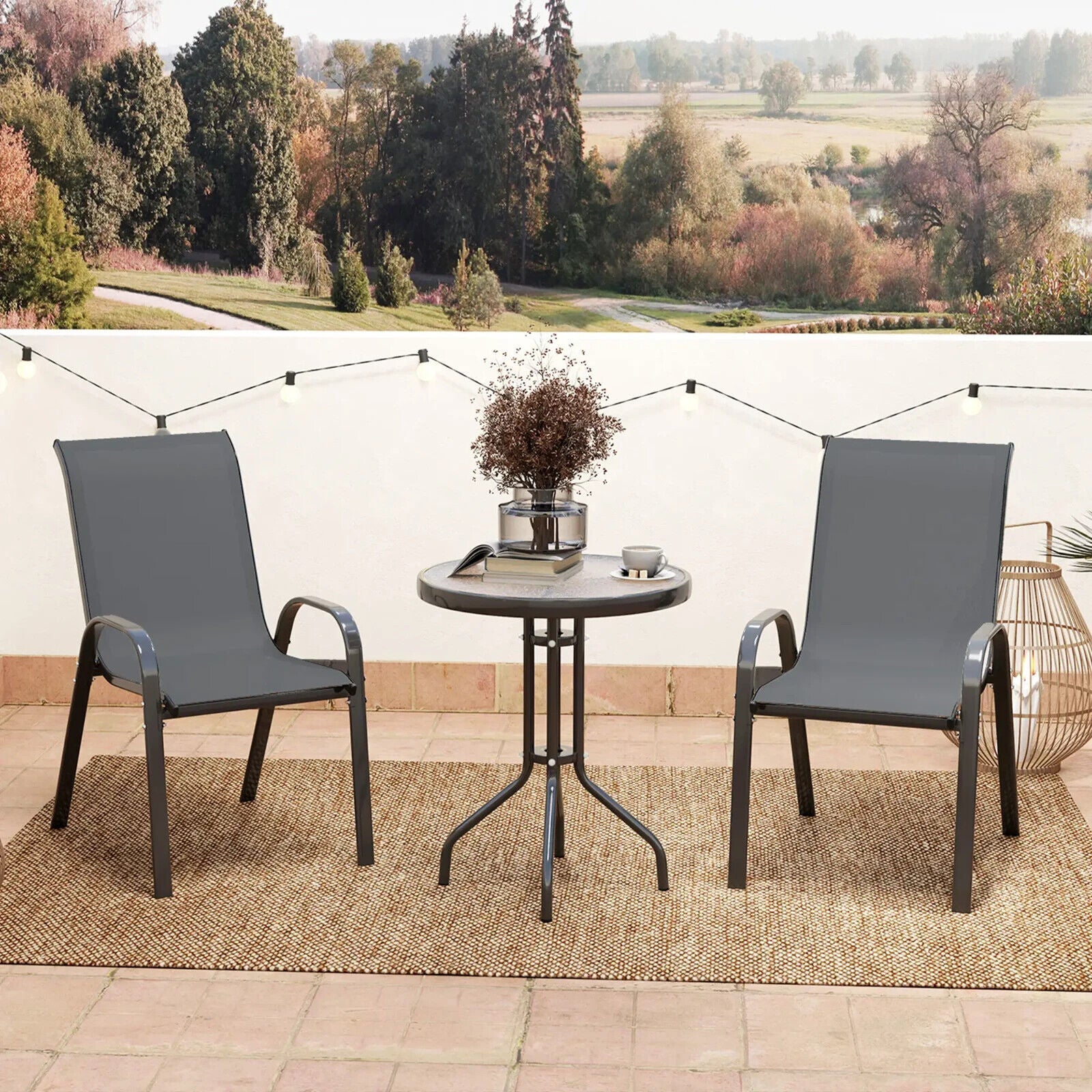 3 Piece Metal Garden Bistro Set with Glass Table & Stackable Chairs for Outdoor - Home and Garden Furniture Shop - #rustic - furniture#