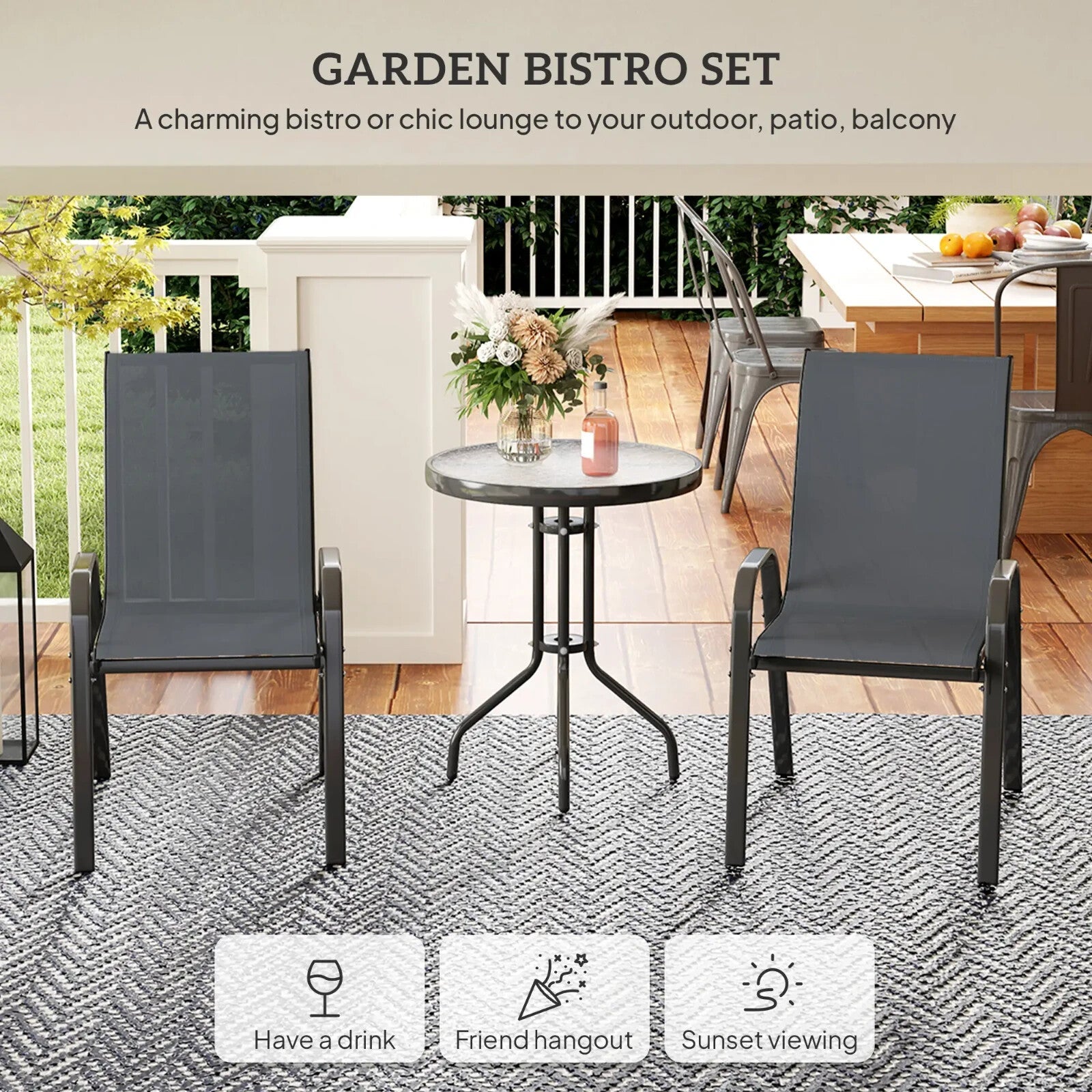 3 Piece Metal Garden Bistro Set with Glass Table & Stackable Chairs for Outdoor - Home and Garden Furniture Shop - rustic - furniture