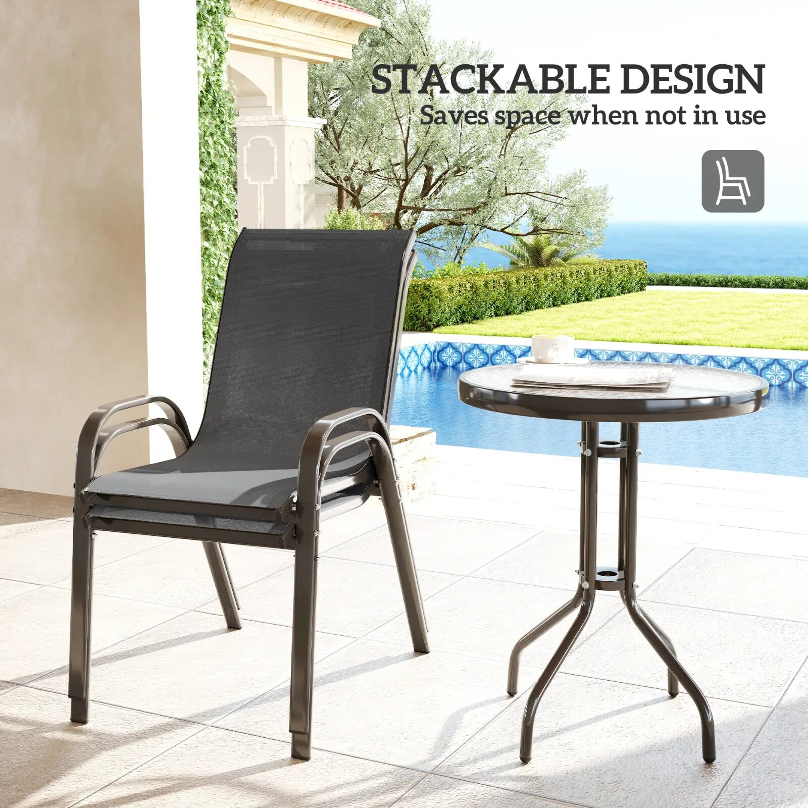 3 Piece Metal Garden Bistro Set with Glass Table & Stackable Chairs for Outdoor - Home and Garden Furniture Shop - rustic - furniture