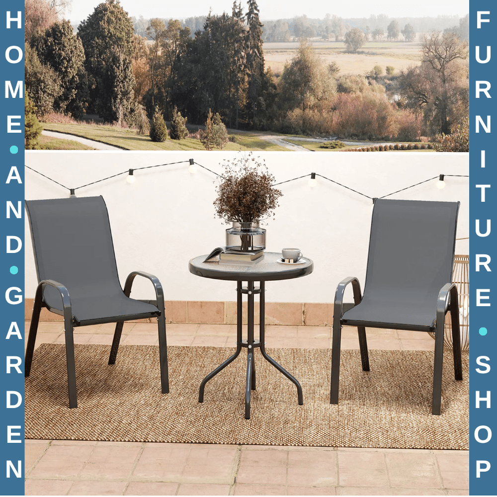 3 Piece Metal Garden Bistro Set with Glass Table & Stackable Chairs for Outdoor - Home and Garden Furniture Shop - rustic - furniture