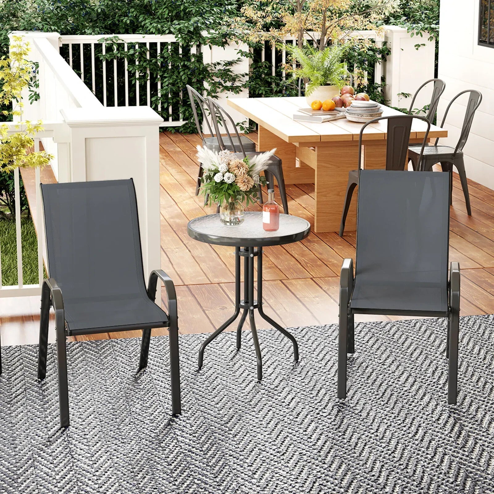 3 Piece Metal Garden Bistro Set with Glass Table & Stackable Chairs for Outdoor - Home and Garden Furniture Shop - rustic - furniture