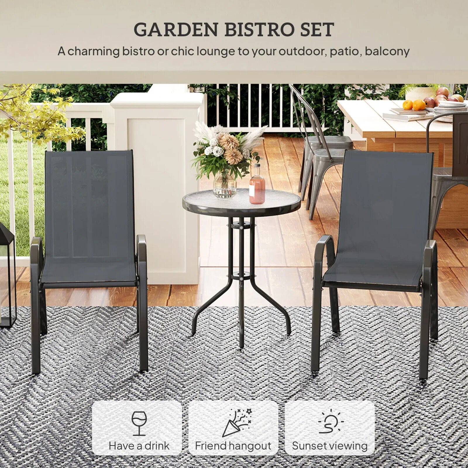 3 Piece Metal Garden Bistro Set with Glass Table & Stackable Chairs for Outdoor - Home and Garden Furniture Shop - #rustic - furniture#