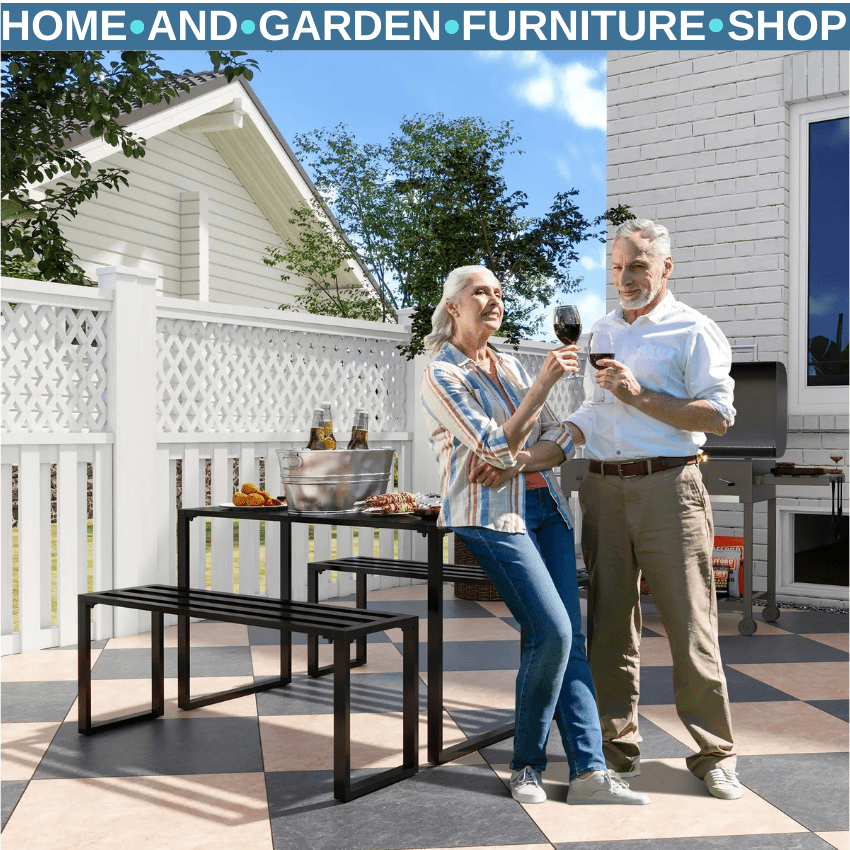 3 Piece Metal Garden Table & Bench Set Outdoor Patio Dining Furniture with Seat - Home and Garden Furniture Shop - rustic - furniture