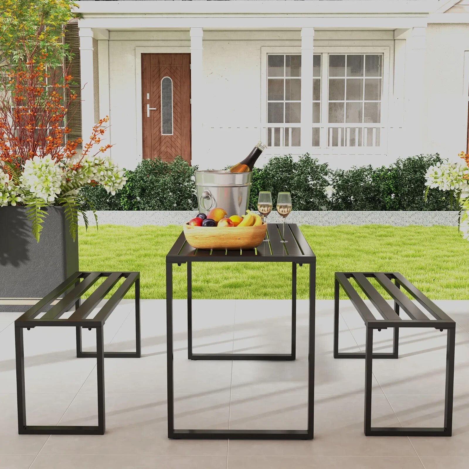 3 Piece Metal Garden Table & Bench Set Outdoor Patio Dining Furniture with Seat - Home and Garden Furniture Shop - rustic - furniture