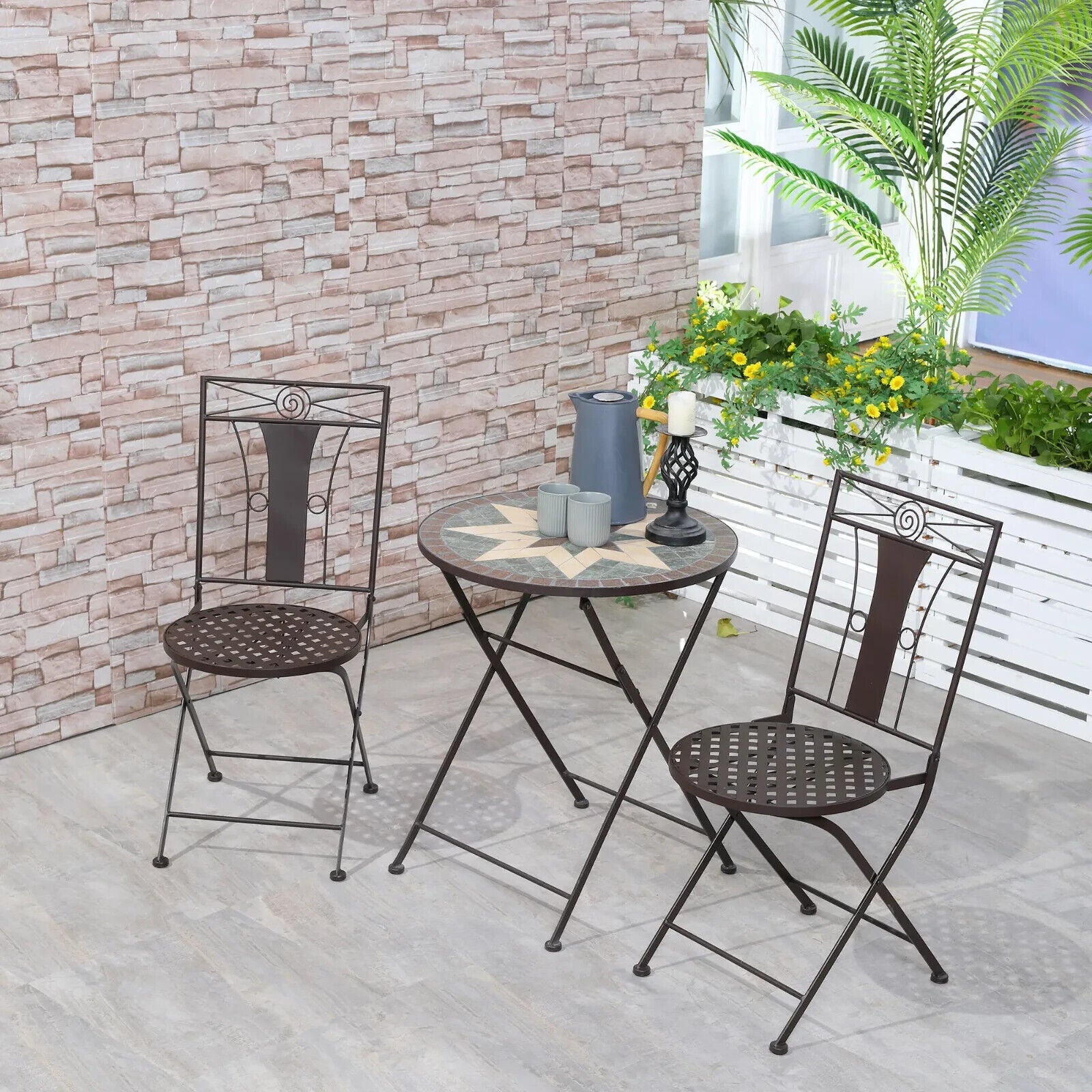 3 - Piece Mosaic Patio Bistro Set with Folding Metal Chairs and Table for Garden - Home and Garden Furniture Shop - #rustic - furniture#