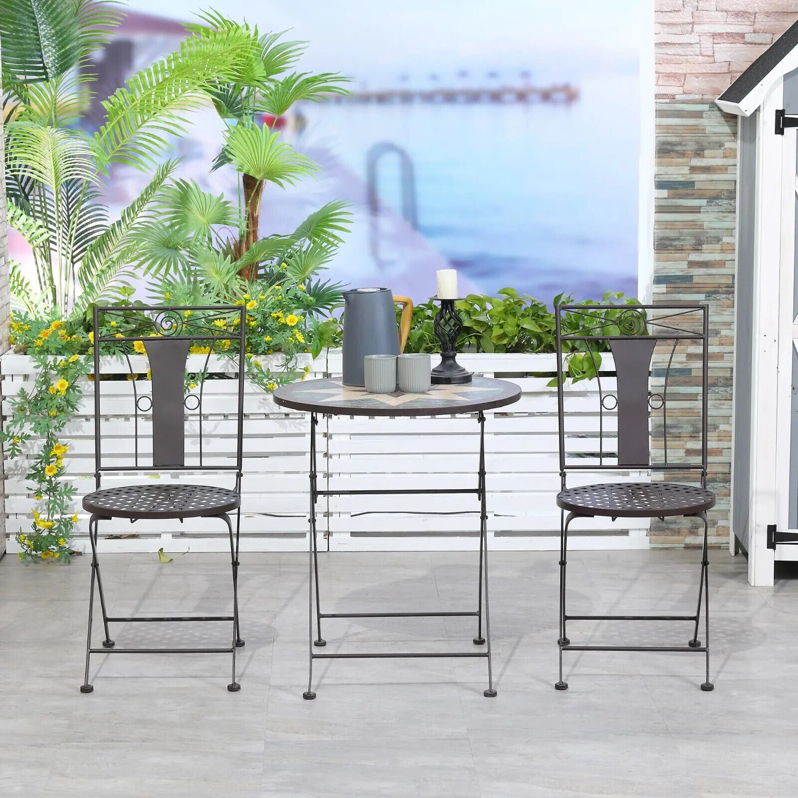 3 - Piece Mosaic Patio Bistro Set with Folding Metal Chairs and Table for Garden - Home and Garden Furniture Shop - #rustic - furniture#