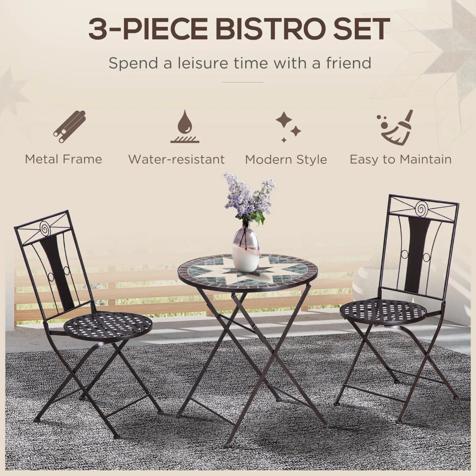 3 - Piece Mosaic Patio Bistro Set with Folding Metal Chairs and Table for Garden - Home and Garden Furniture Shop - #rustic - furniture#