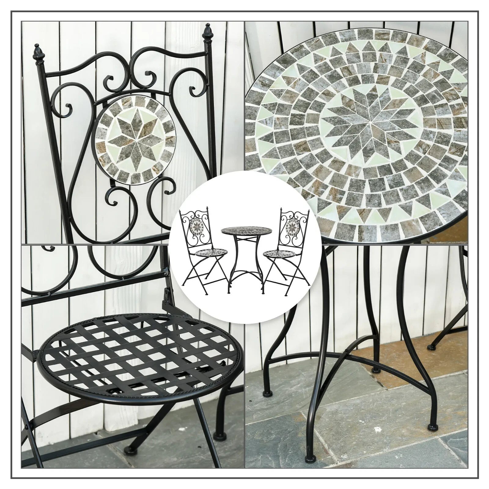 3 - Piece Mosaic Tile Garden Bistro Set – Outdoor Table and 2 Folding Chairs - Home and Garden Furniture Shop - rustic - furniture