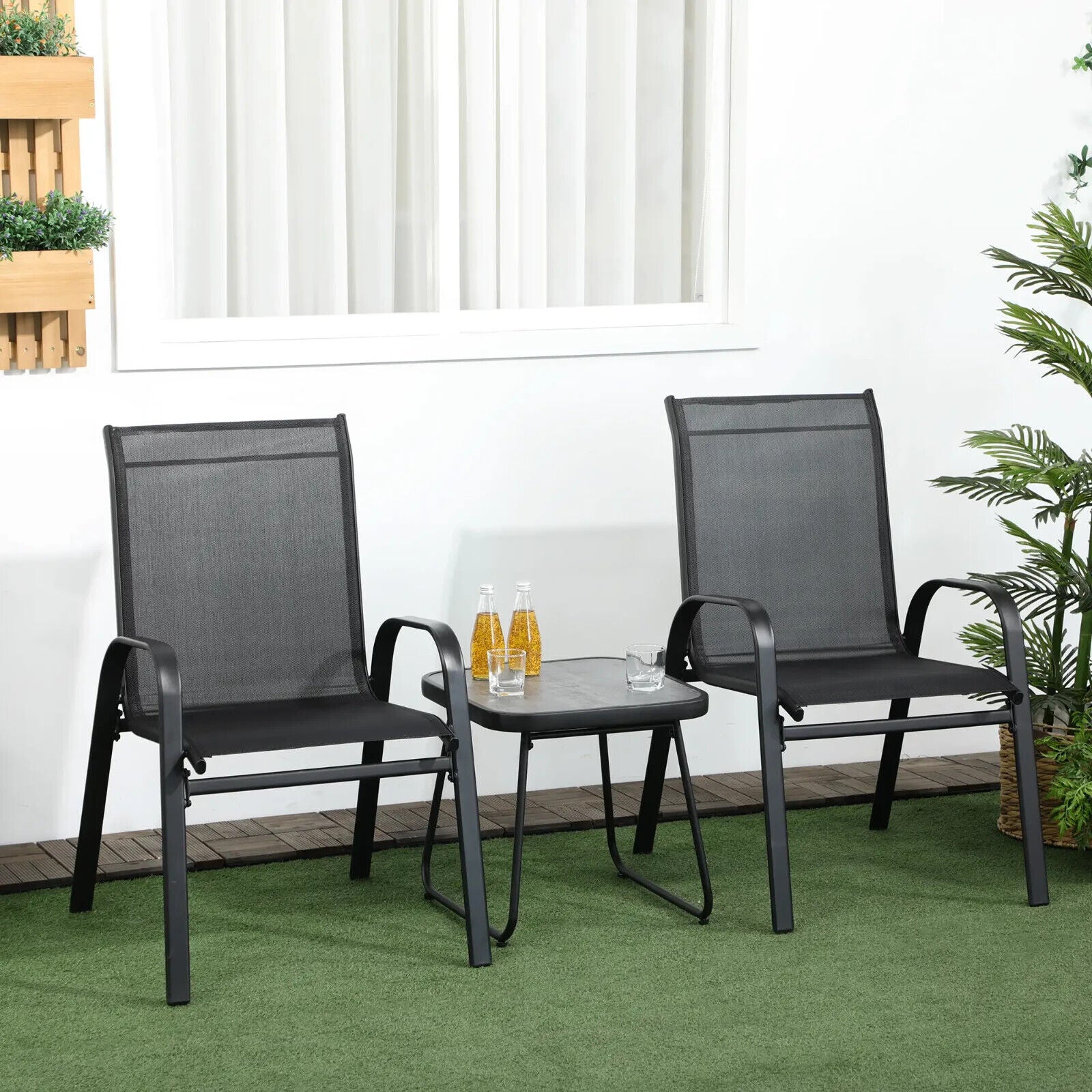 3 Piece Outdoor Bistro Set Patio Stackable Chairs with Mesh & Coffee Table Black - Home and Garden Furniture Shop - #rustic - furniture#
