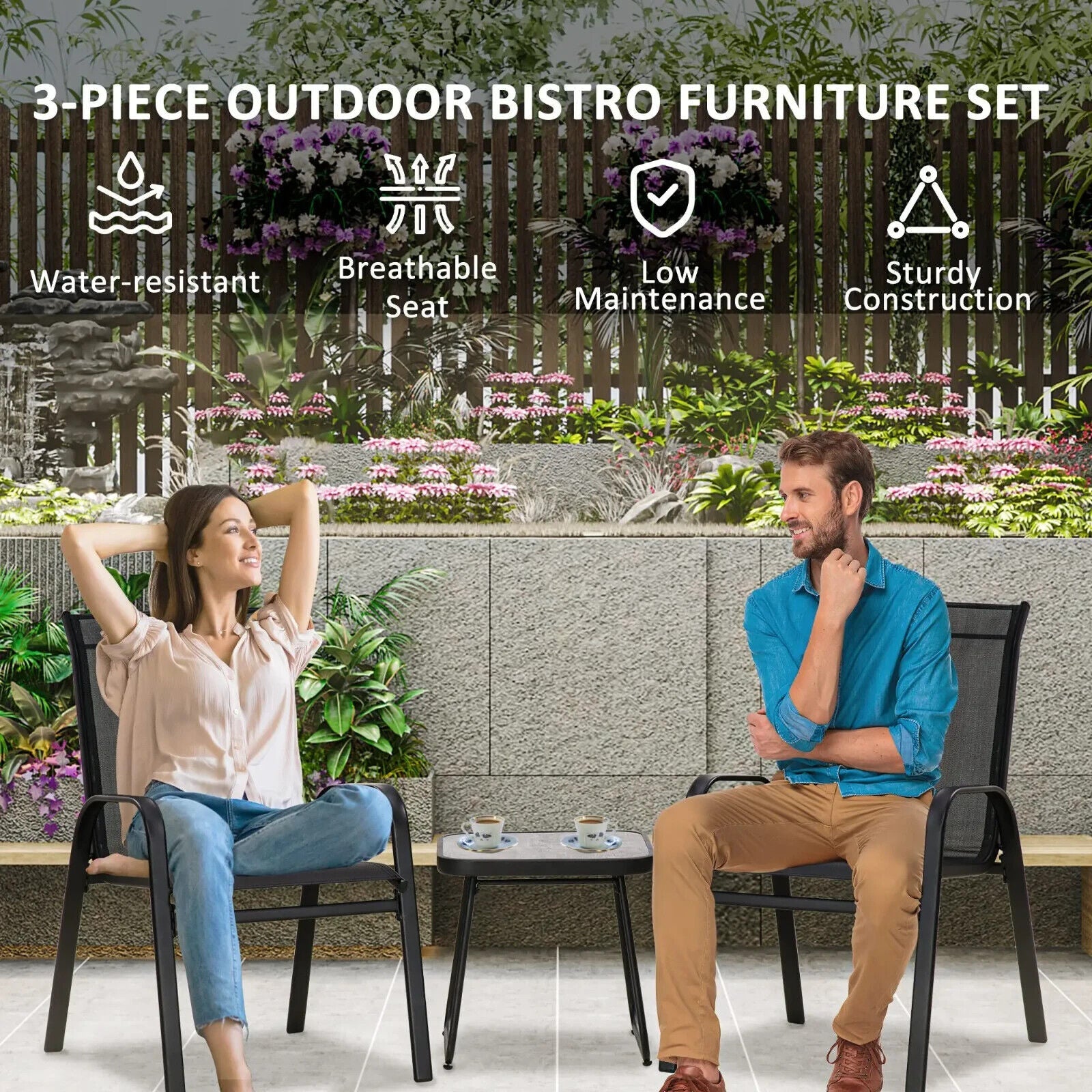 3 Piece Outdoor Bistro Set Patio Stackable Chairs with Mesh & Coffee Table Black - Home and Garden Furniture Shop - #rustic - furniture#