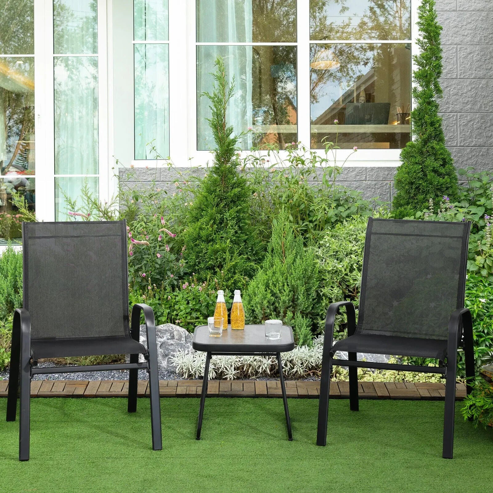 3 Piece Outdoor Bistro Set Patio Stackable Chairs with Mesh & Coffee Table Black - Home and Garden Furniture Shop - #rustic - furniture#