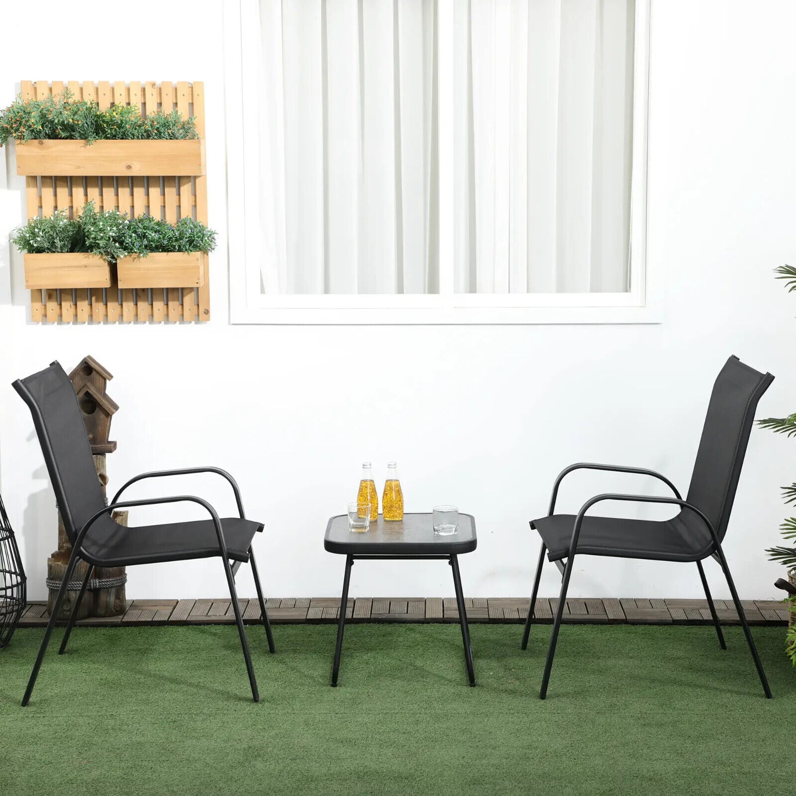 3 Piece Outdoor Bistro Set Patio Stackable Chairs with Mesh & Coffee Table Black - Home and Garden Furniture Shop - #rustic - furniture#