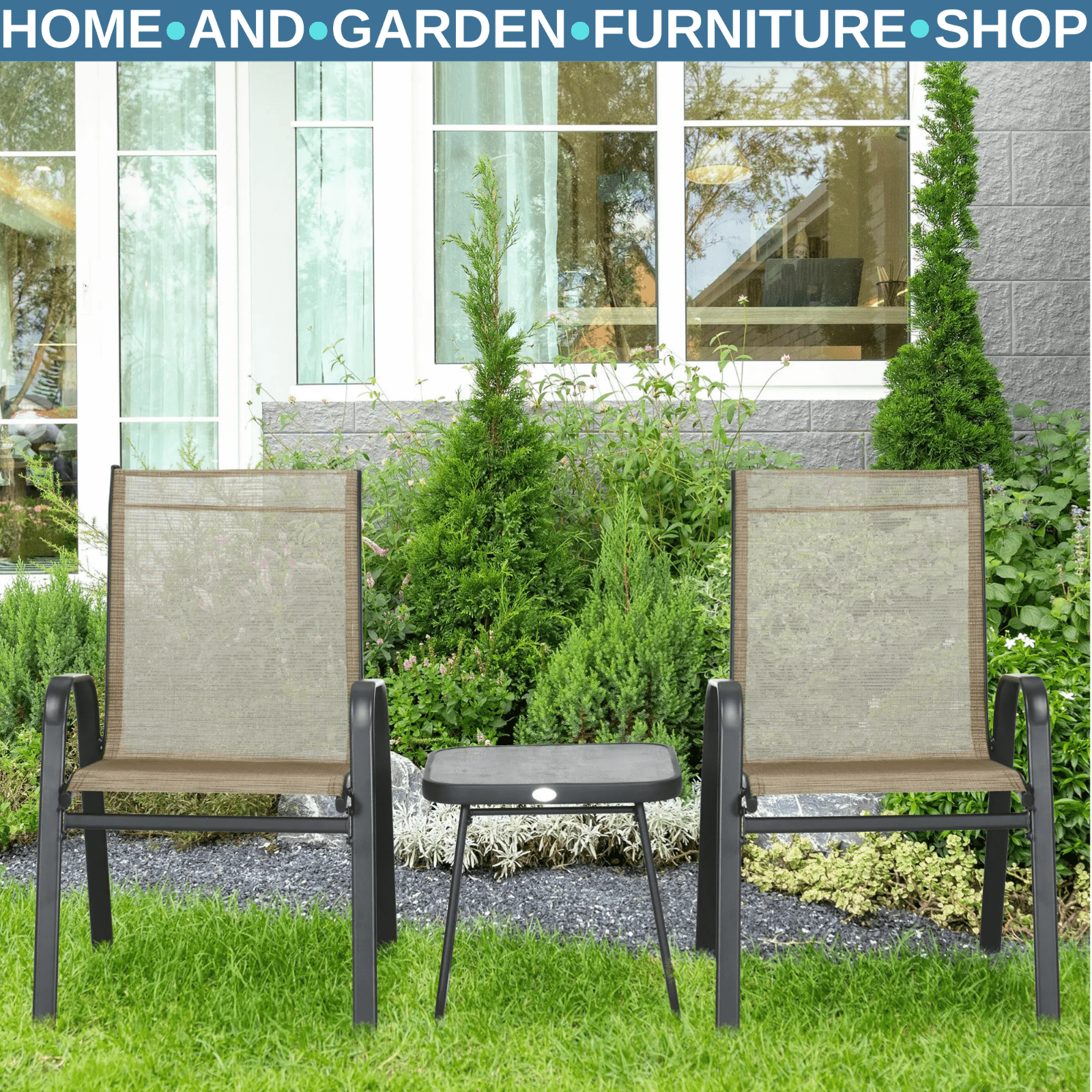 3 Piece Outdoor Bistro Set Stackable Patio Chair with Mesh Fabric & Coffee Table - Home and Garden Furniture Shop - #rustic - furniture#