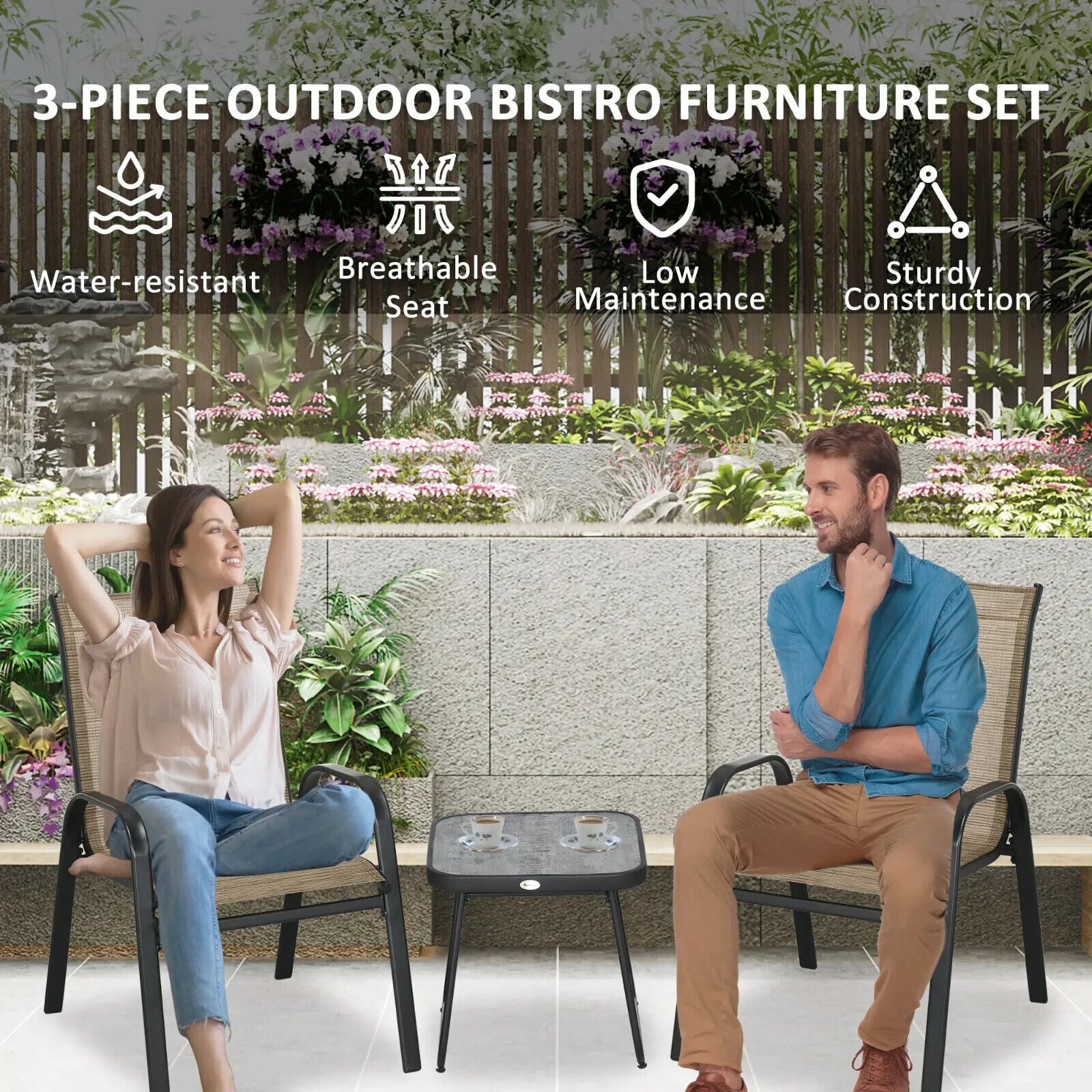 3 Piece Outdoor Bistro Set Stackable Patio Chair with Mesh Fabric & Coffee Table - Home and Garden Furniture Shop - #rustic - furniture#