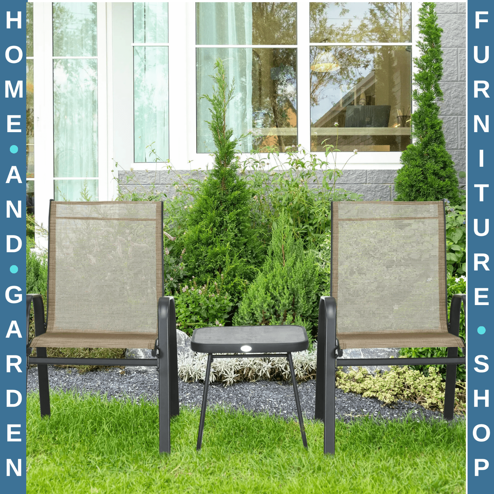3 Piece Outdoor Bistro Set Stackable Patio Chair with Mesh Fabric & Coffee Table - Home and Garden Furniture Shop - #rustic - furniture#