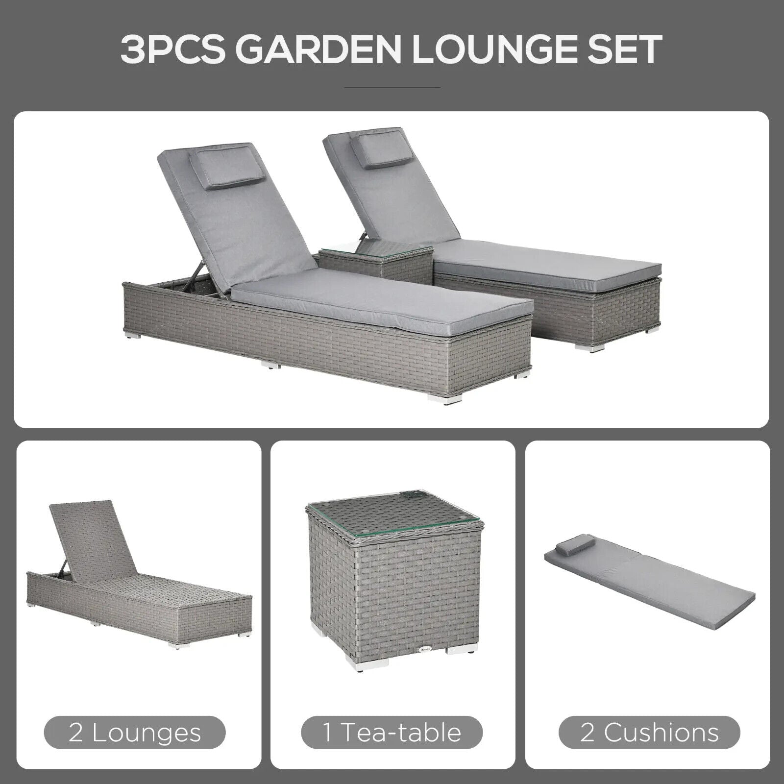 3 Piece Outdoor Rattan Lounger and Table Set Garden Conversation Patio Furniture - Home and Garden Furniture Shop - #rustic - furniture#
