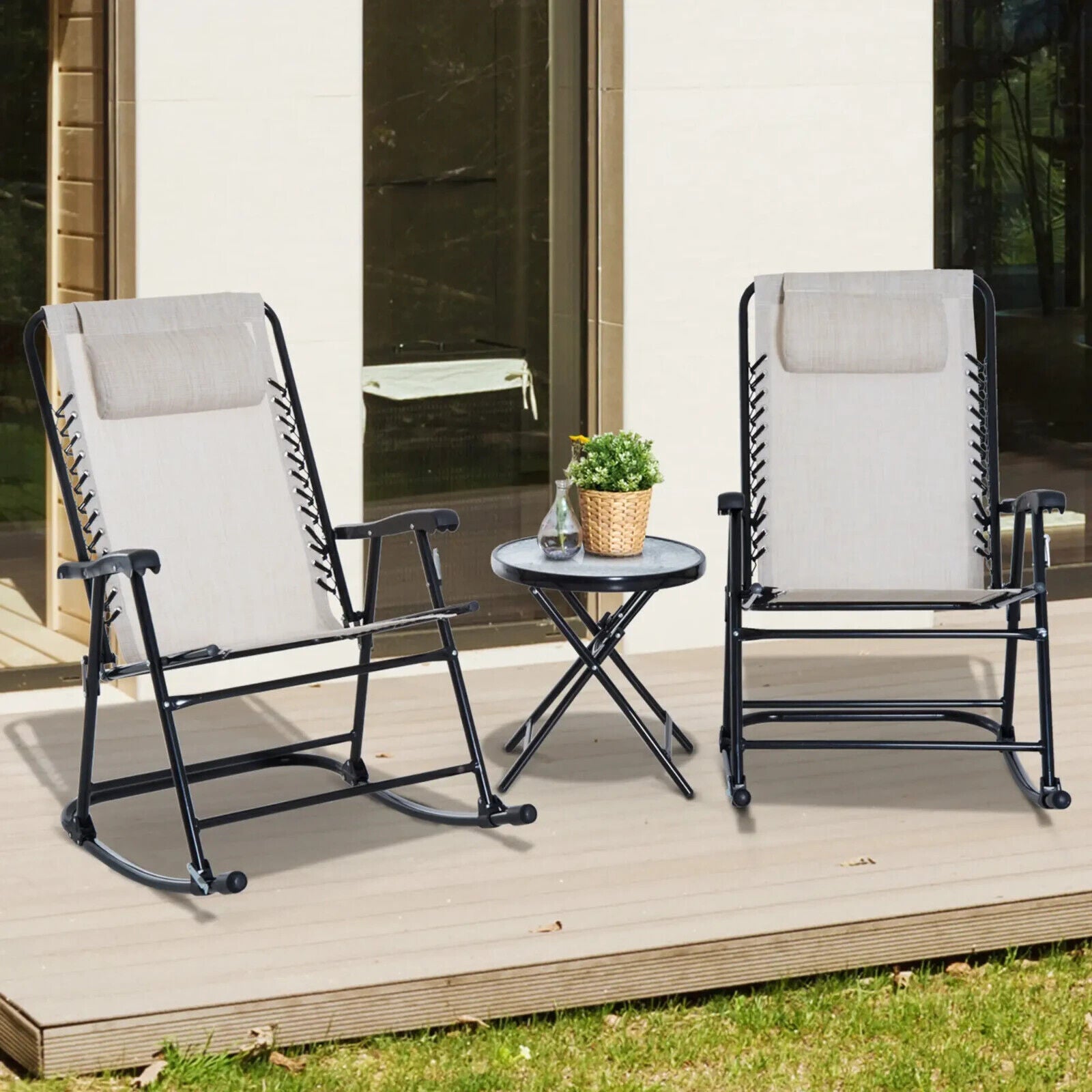 3 - Piece Outdoor Rocking Bistro Set with 2 Folding Chairs & Tempered Glass Table - Home and Garden Furniture Shop - #rustic - furniture#