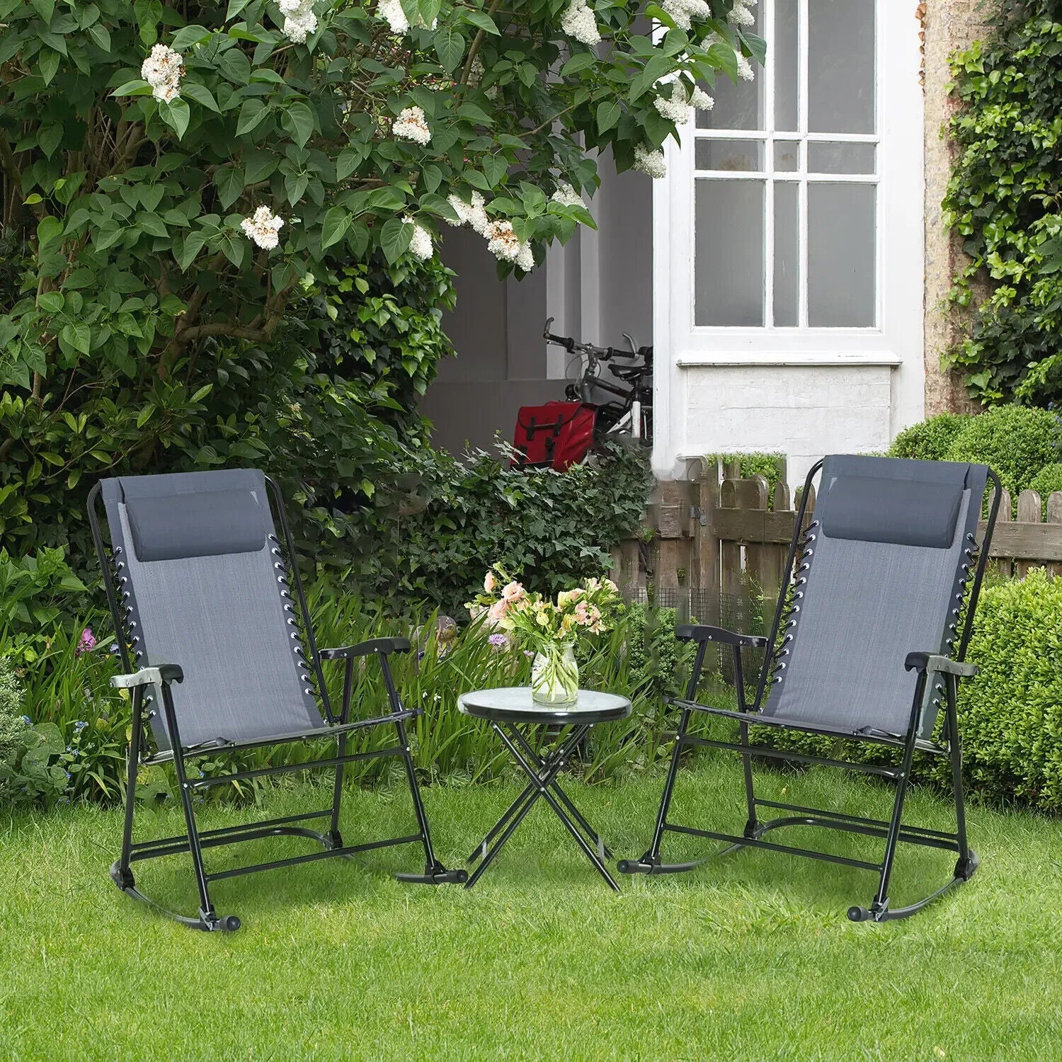 3 - Piece Outdoor Rocking Chair Set with Side Table – Grey Rattan Patio Furniture - Home and Garden Furniture Shop - #rustic - furniture#