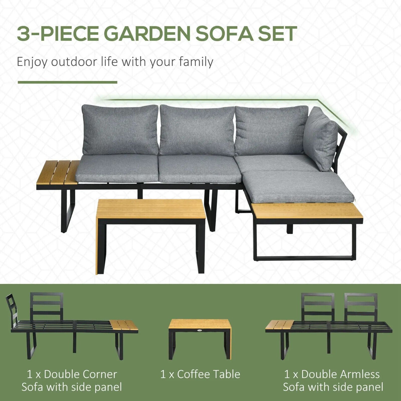 3 Piece Patio Furniture Set Outdoor Garden Sofa with Cushions & Wood Grain Table - Home and Garden Furniture Shop - #rustic - furniture#