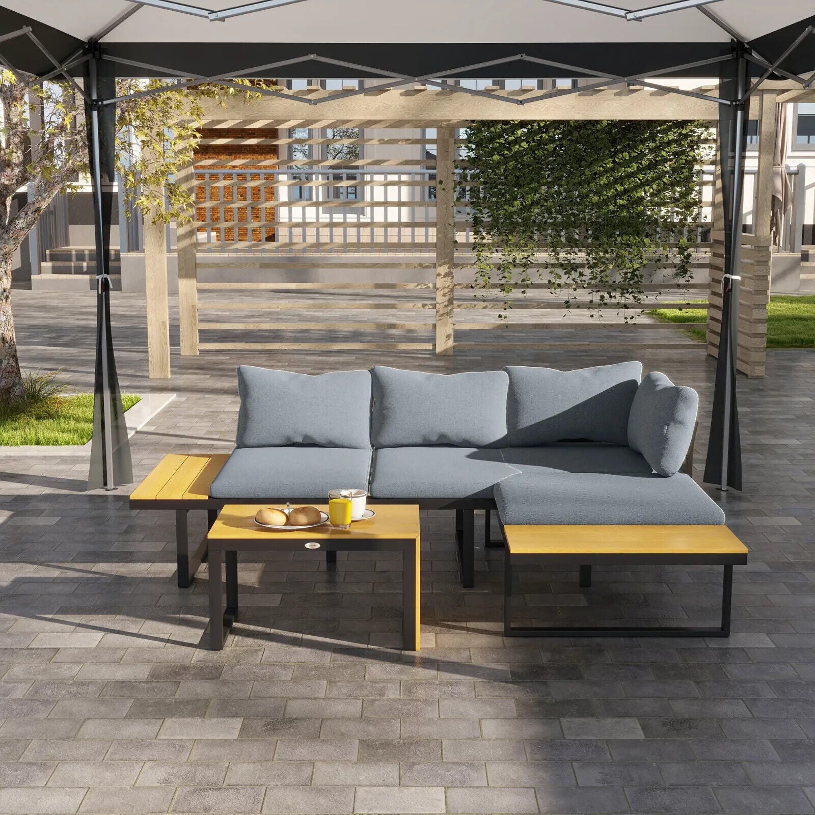 3 Piece Patio Furniture Set Outdoor Garden Sofa with Cushions & Wood Grain Table - Home and Garden Furniture Shop - #rustic - furniture#