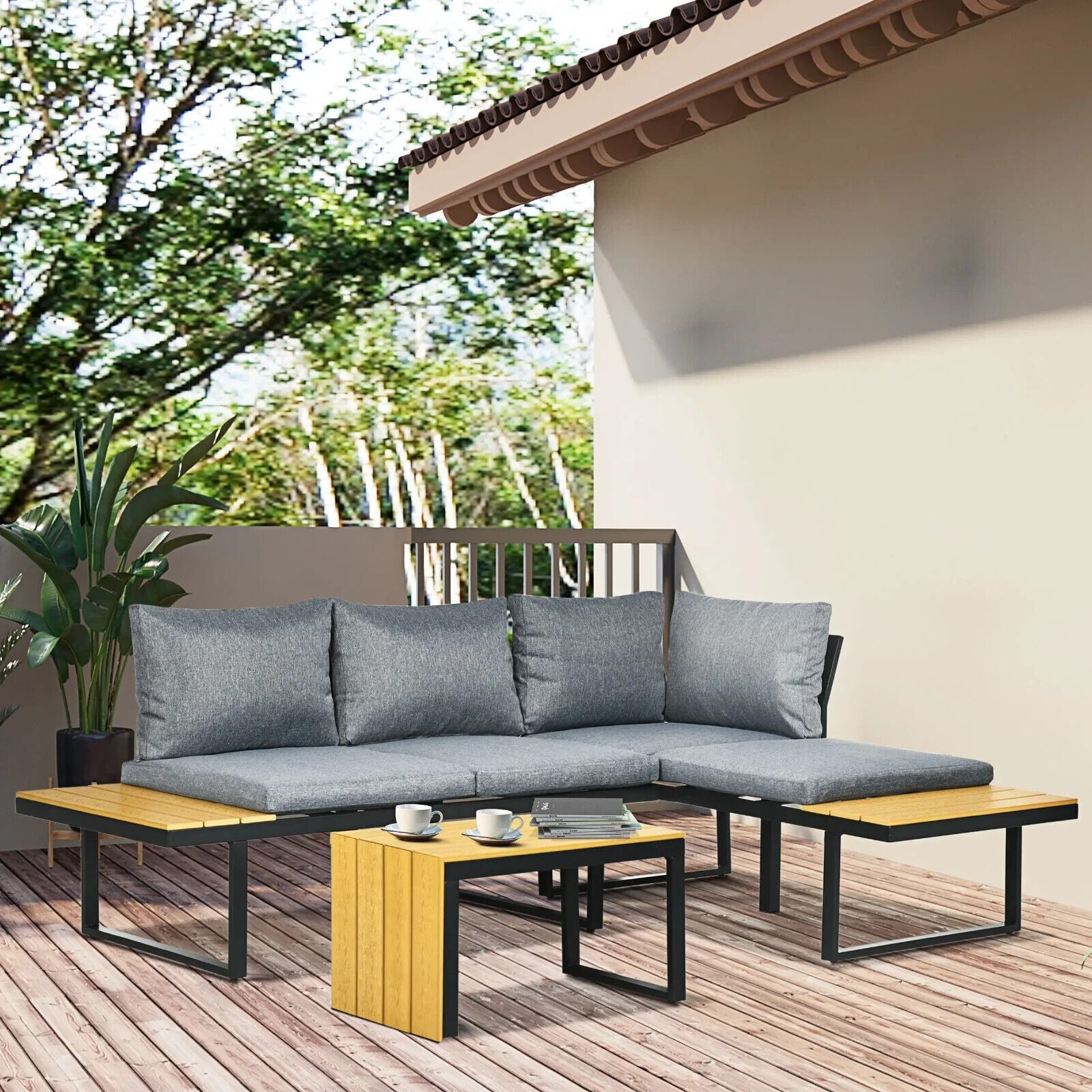 3 Piece Patio Furniture Set Outdoor Garden Sofa with Cushions & Wood Grain Table - Home and Garden Furniture Shop - #rustic - furniture#