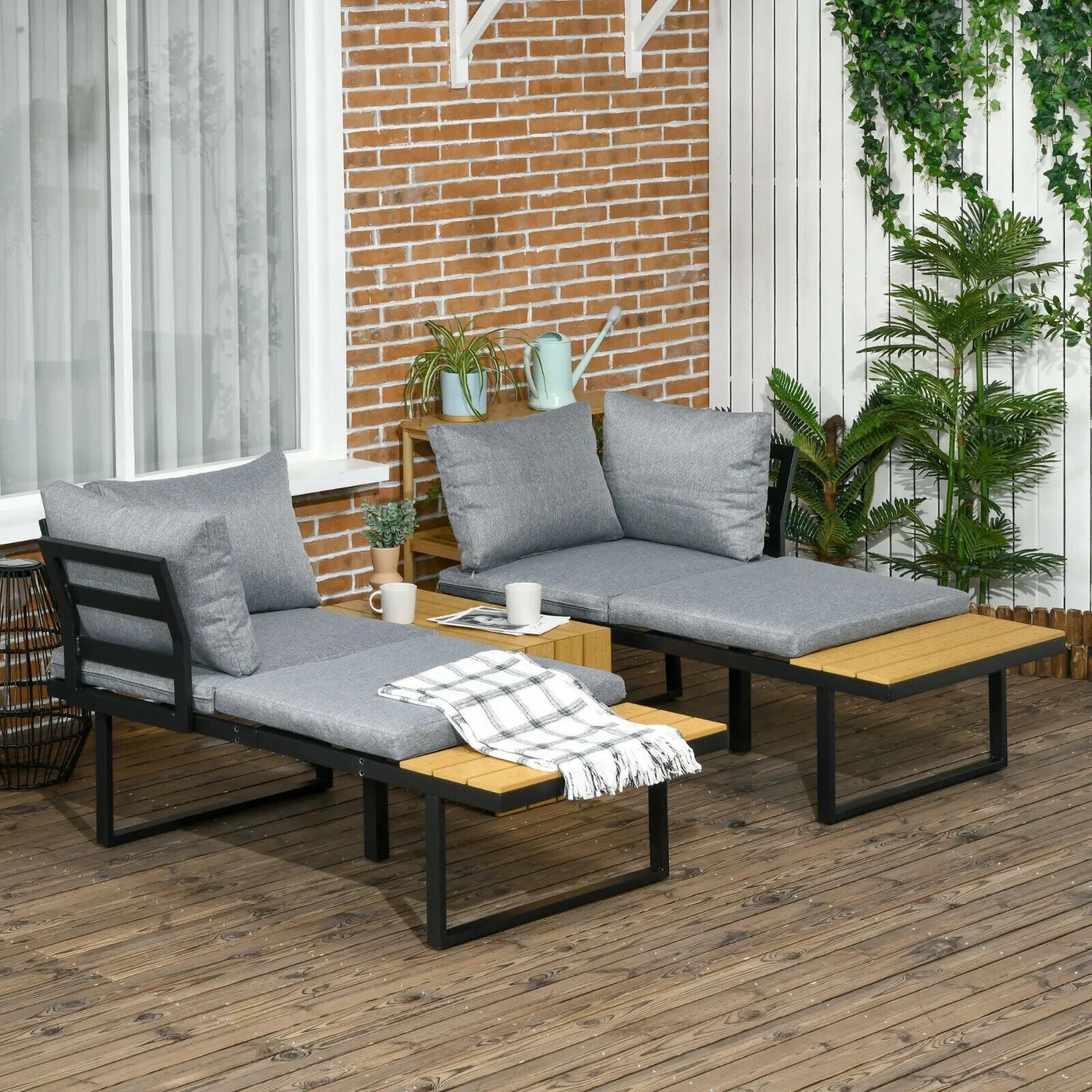 3 Piece Patio Furniture Set Outdoor Garden Sofa with Cushions & Wood Grain Table - Home and Garden Furniture Shop - #rustic - furniture#