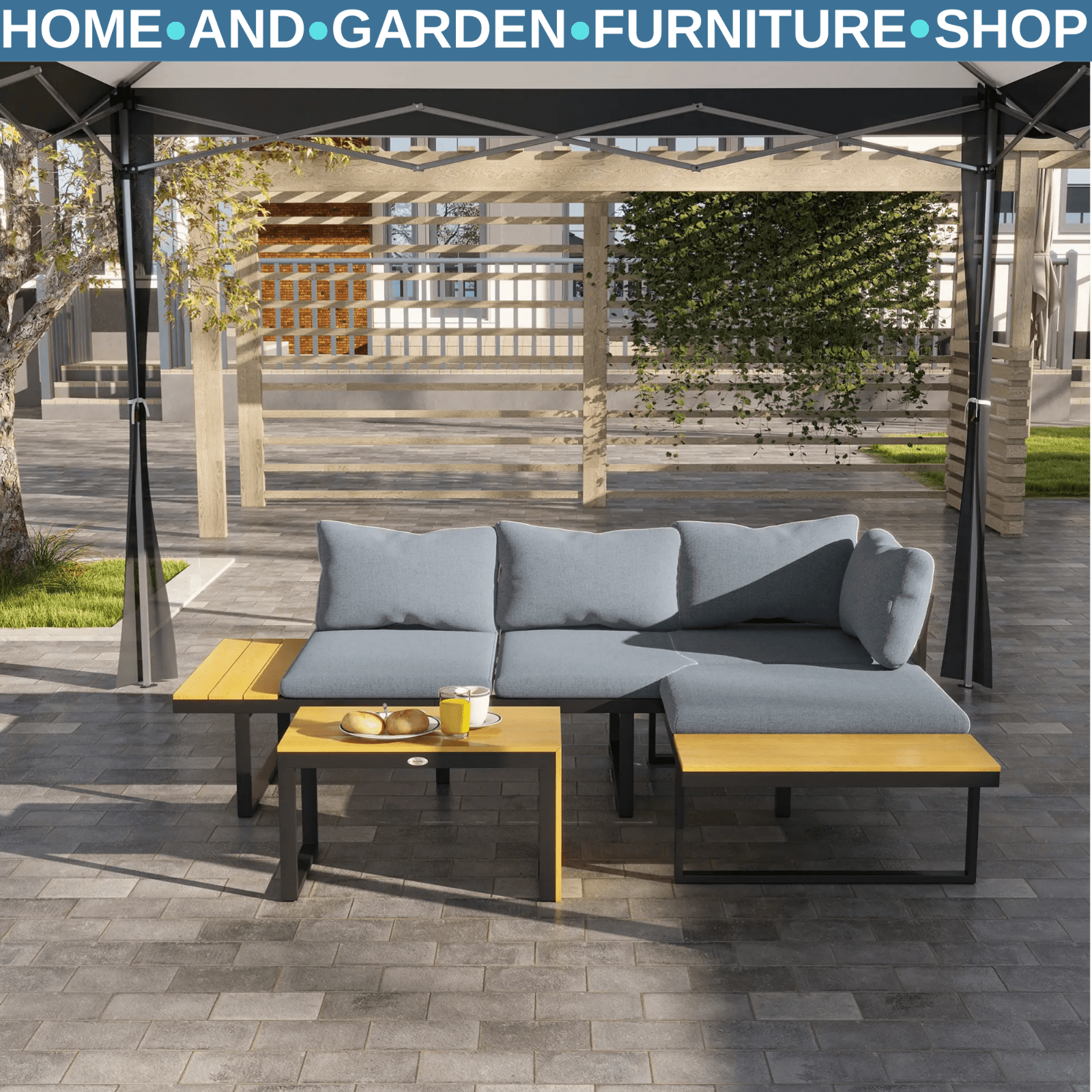 3 Piece Patio Furniture Set Outdoor Garden Sofa with Cushions & Wood Grain Table - Home and Garden Furniture Shop - rustic - furniture