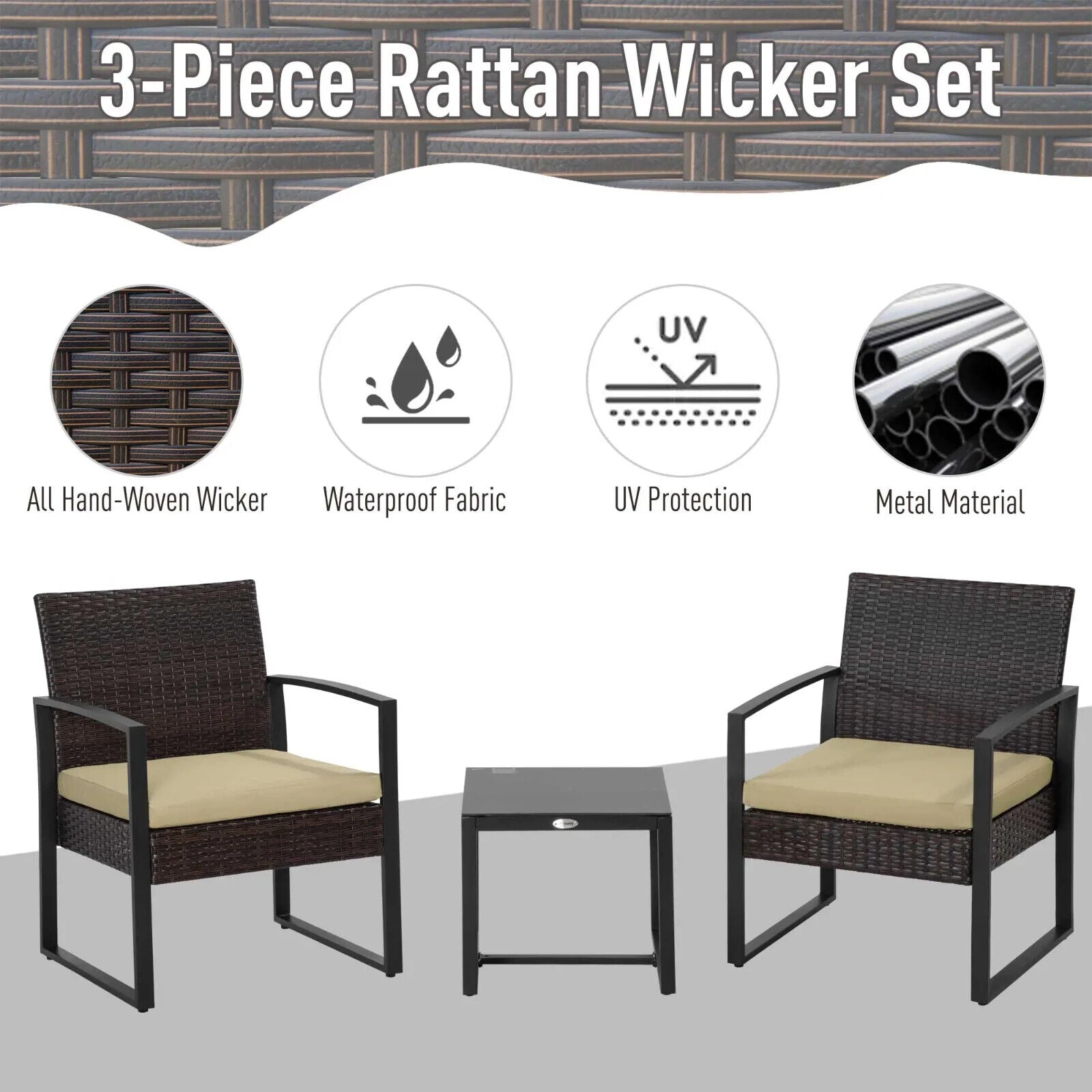 3 Piece PE Rattan Garden Bistro Set with Sofa Chairs and Coffee Table for Patio - Home and Garden Furniture Shop - #rustic - furniture#