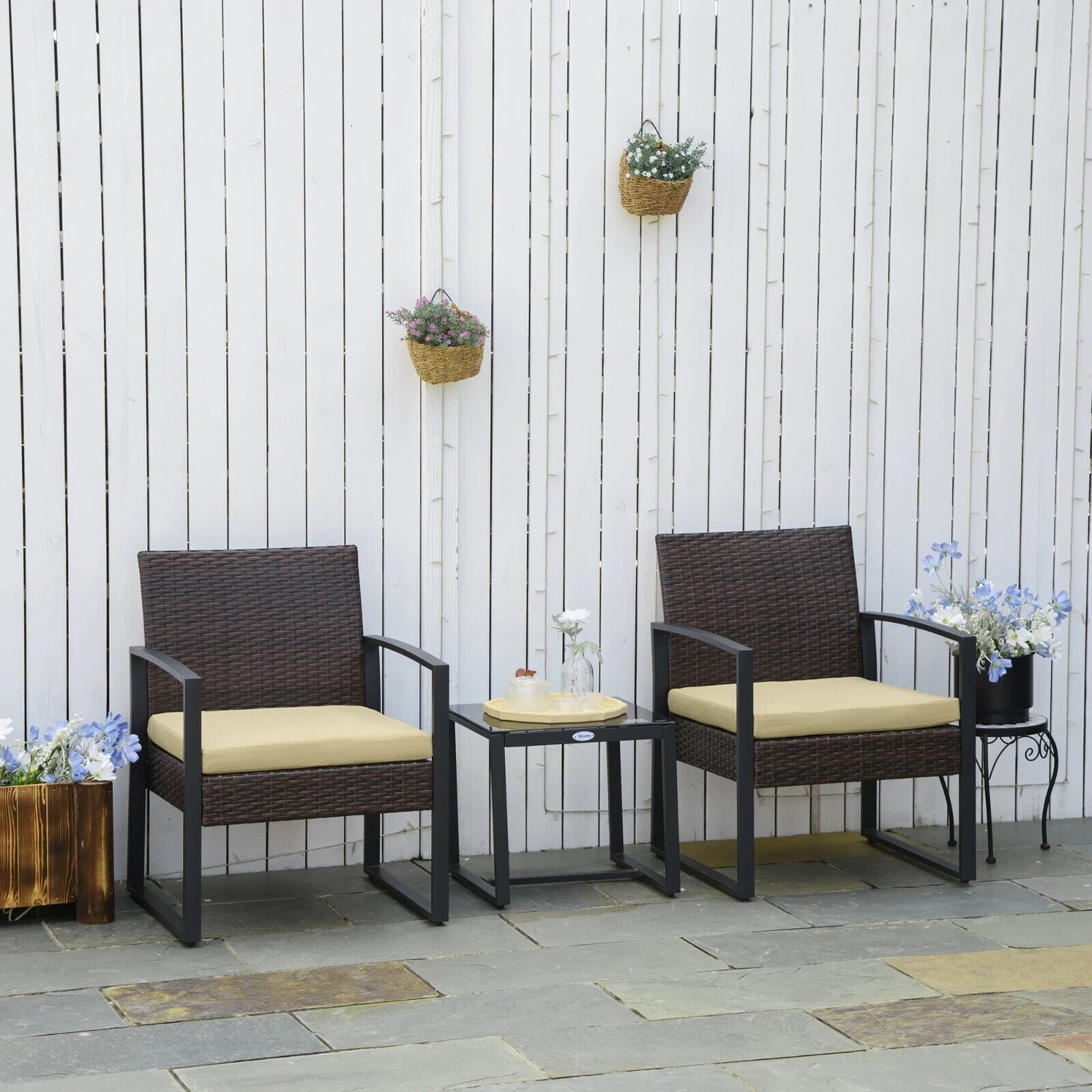 3 Piece PE Rattan Garden Bistro Set with Sofa Chairs and Coffee Table for Patio - Home and Garden Furniture Shop - #rustic - furniture#