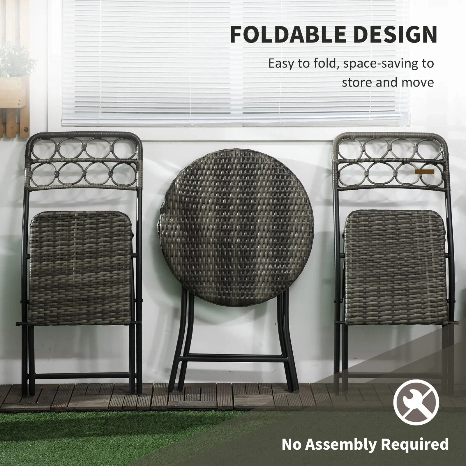 3 Piece Rattan Bistro Set Folding Outdoor Furniture Chairs and Coffee Table Grey - Home and Garden Furniture Shop - #rustic - furniture#