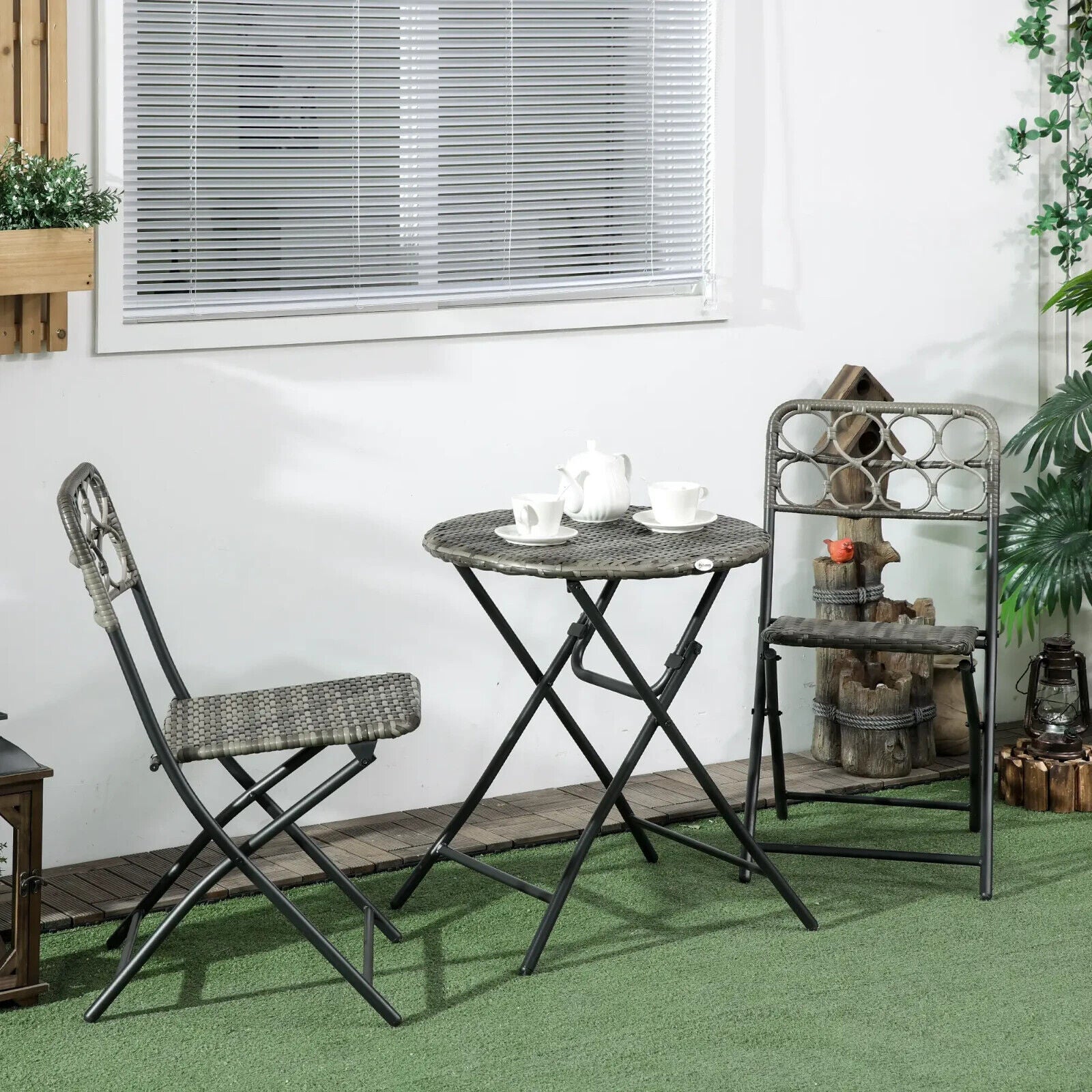 3 Piece Rattan Bistro Set Folding Outdoor Furniture Chairs and Coffee Table Grey - Home and Garden Furniture Shop - #rustic - furniture#