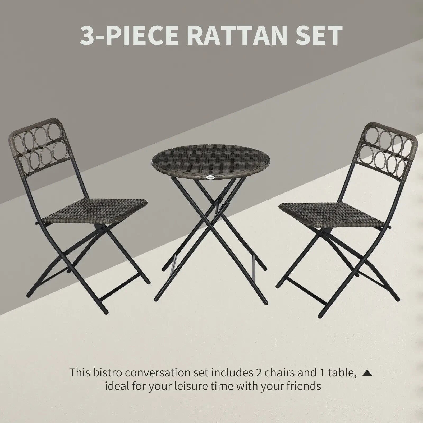 3 Piece Rattan Bistro Set Folding Outdoor Furniture Chairs and Coffee Table Grey - Home and Garden Furniture Shop - #rustic - furniture#