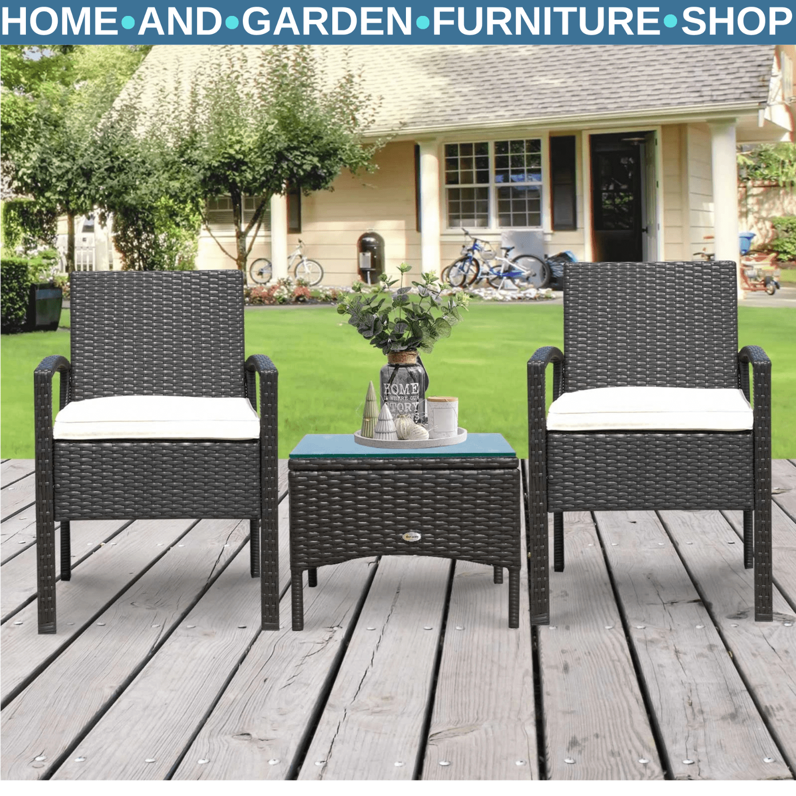 3 Piece Rattan Bistro Set Garden Balcony Dining Table 2 Seater Chairs Brown - Home and Garden Furniture Shop - rustic - furniture