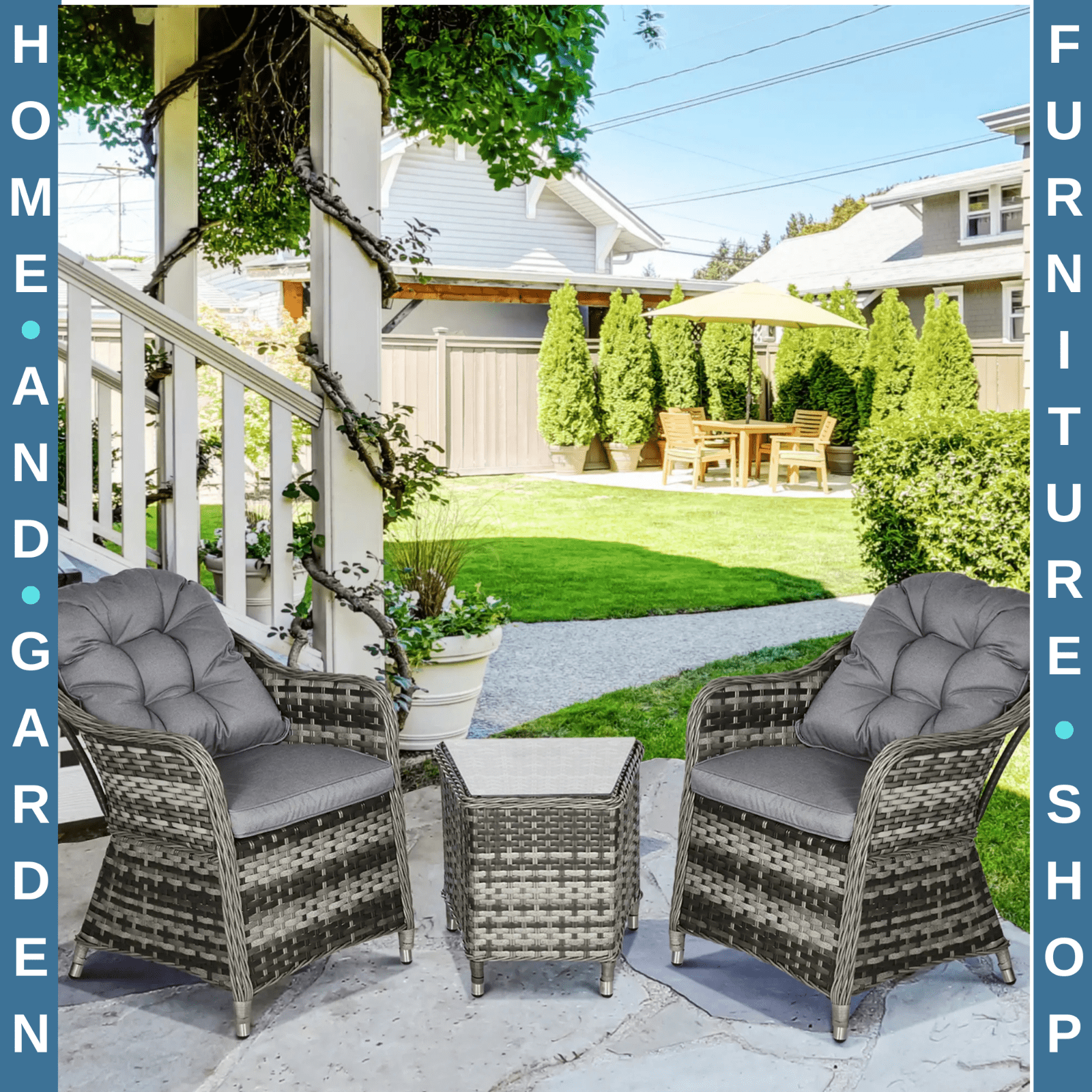 3 Piece Rattan Bistro Set Garden Balcony Furniture Cushions & Glass Top Table - Home and Garden Furniture Shop - #rustic - furniture#