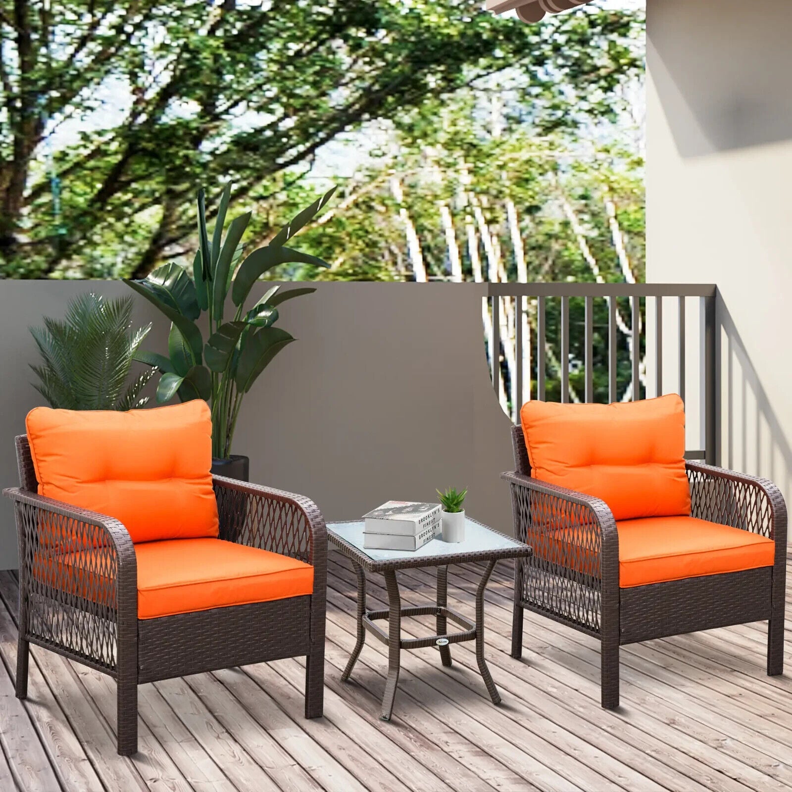3 Piece Rattan Bistro Set Patio Chairs with Cushions and Coffee Table Out Orange - Home and Garden Furniture Shop - #rustic - furniture#