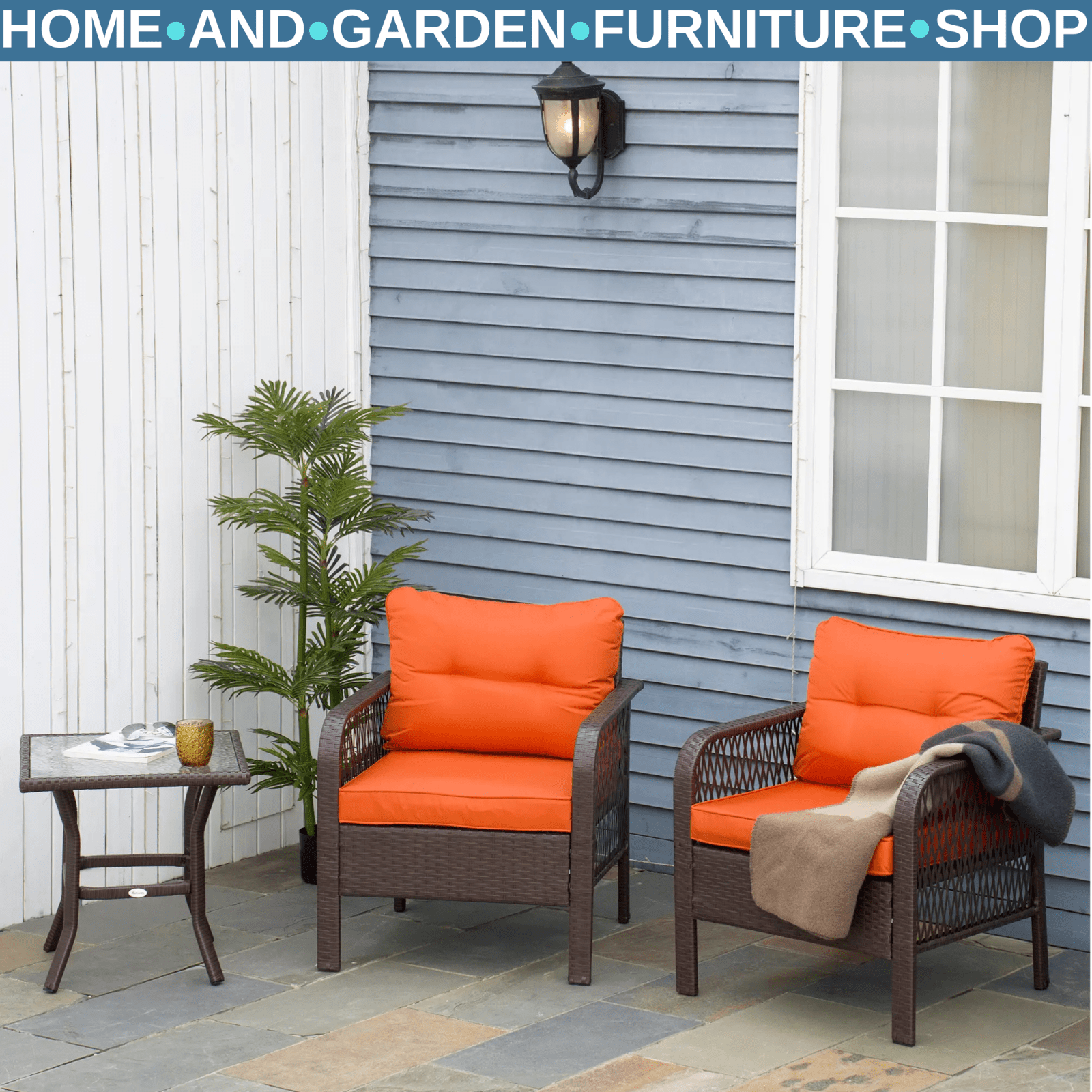 3 Piece Rattan Bistro Set Patio Chairs with Cushions and Coffee Table Out Orange - Home and Garden Furniture Shop - #rustic - furniture#