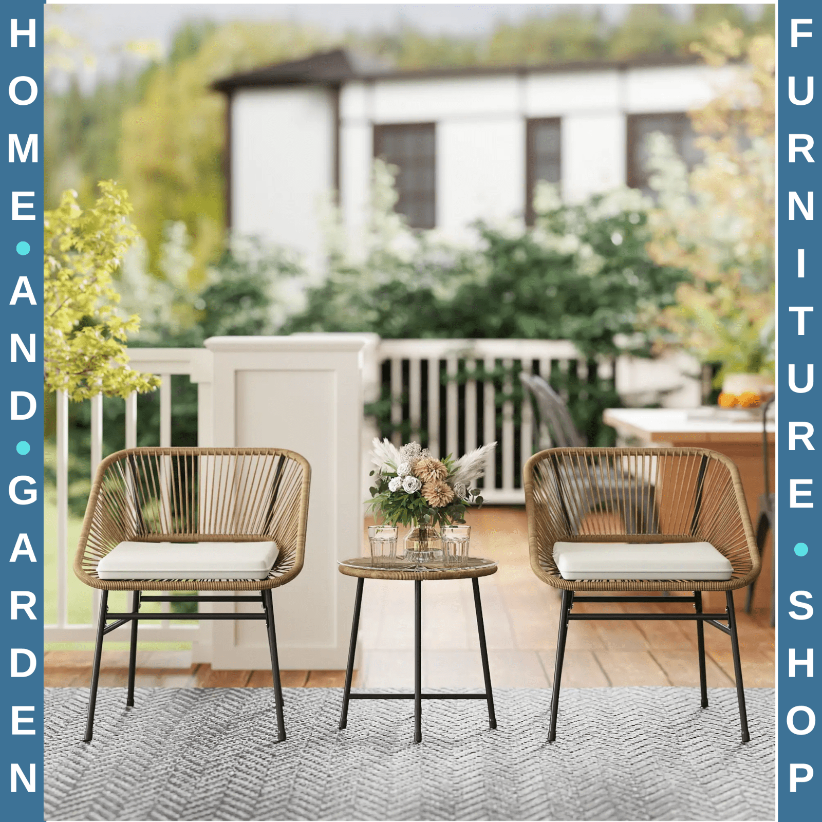 3 Piece Rattan Bistro Set Small Garden Chairs with Cushions and Glass Top Table - Home and Garden Furniture Shop - rustic - furniture