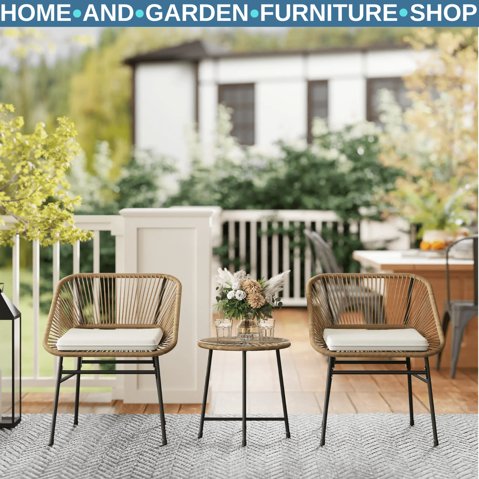 3 Piece Rattan Bistro Set Small Garden Chairs with Cushions and Glass Top Table - Home and Garden Furniture Shop - rustic - furniture