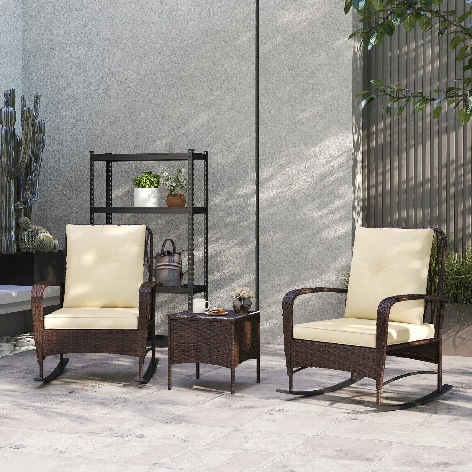 3 Piece Rattan Bistro Set with Rocking Chairs and Glass Top Coffee Table Brown - Home and Garden Furniture Shop - #rustic - furniture#