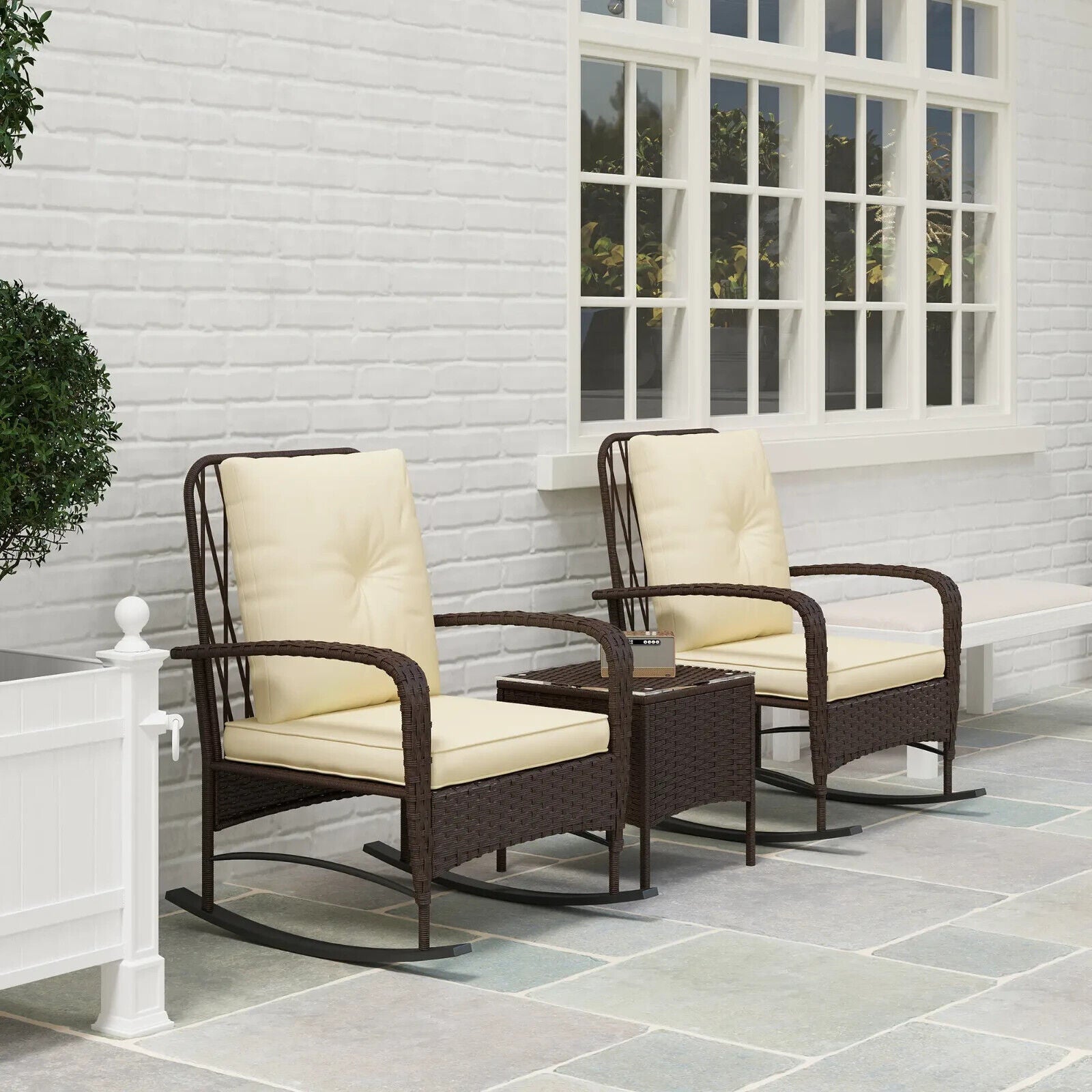 3 Piece Rattan Bistro Set with Rocking Chairs and Glass Top Coffee Table Brown - Home and Garden Furniture Shop - #rustic - furniture#