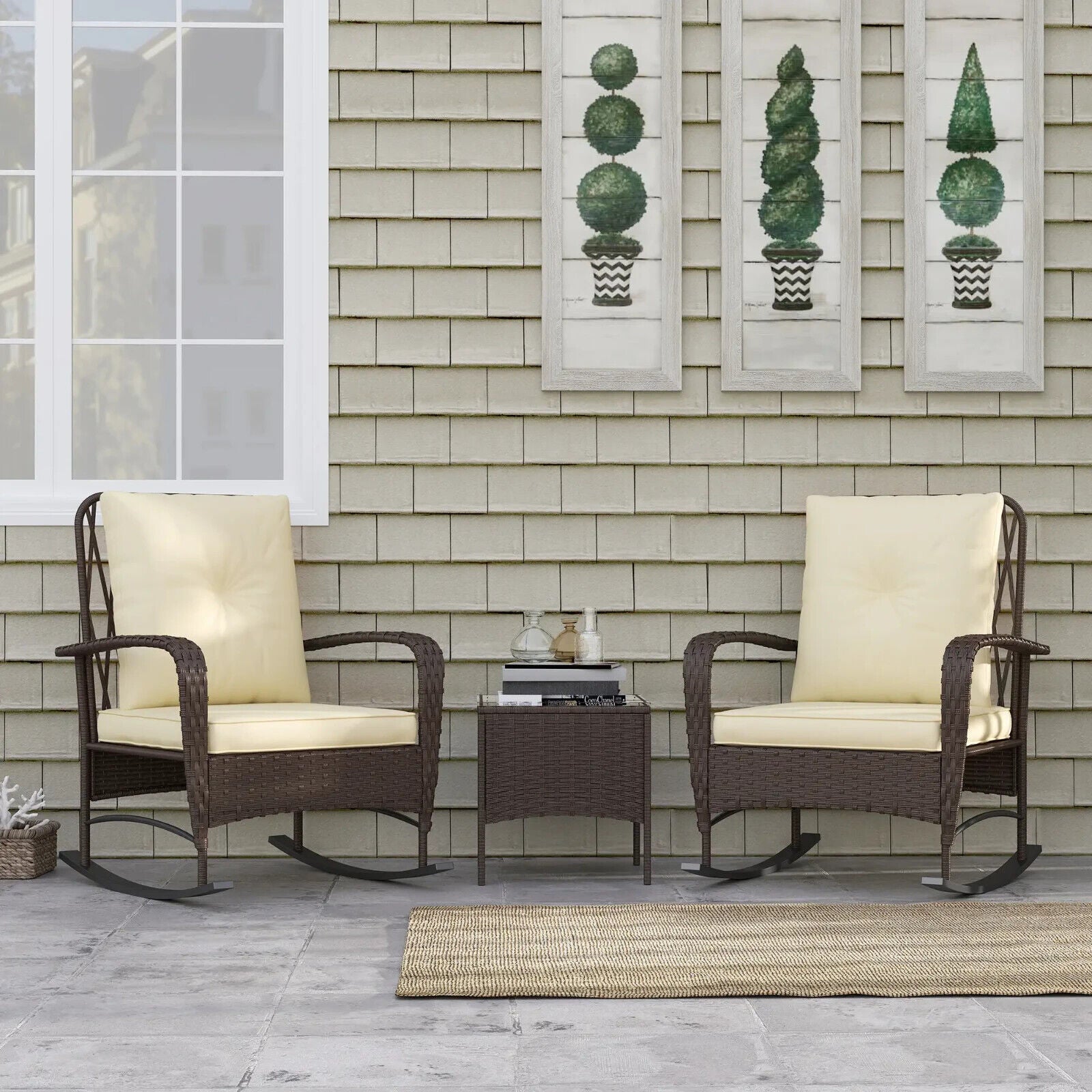 3 Piece Rattan Bistro Set with Rocking Chairs and Glass Top Coffee Table Brown - Home and Garden Furniture Shop - #rustic - furniture#