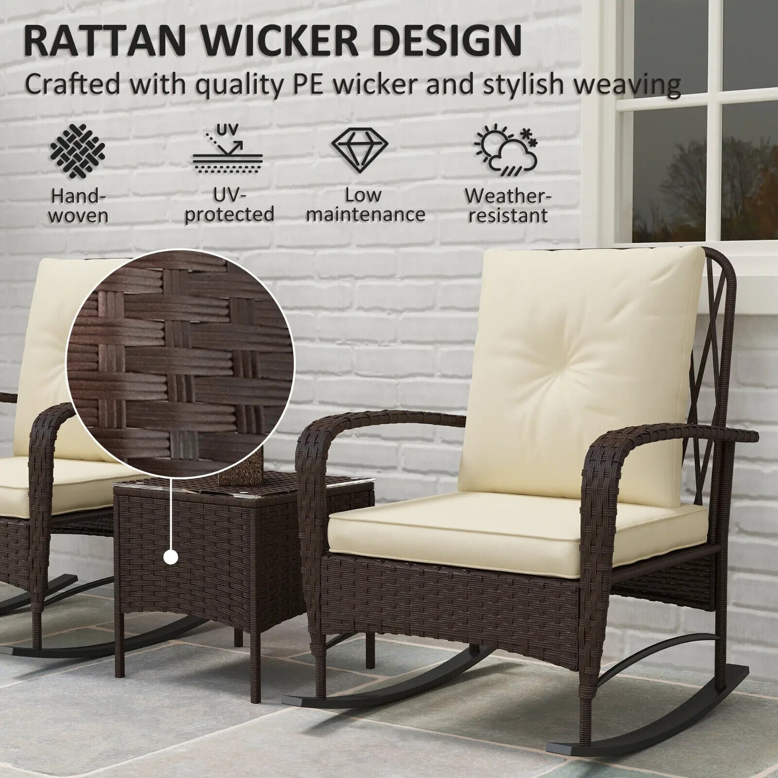 3 Piece Rattan Bistro Set with Rocking Chairs and Glass Top Coffee Table Brown - Home and Garden Furniture Shop - #rustic - furniture#