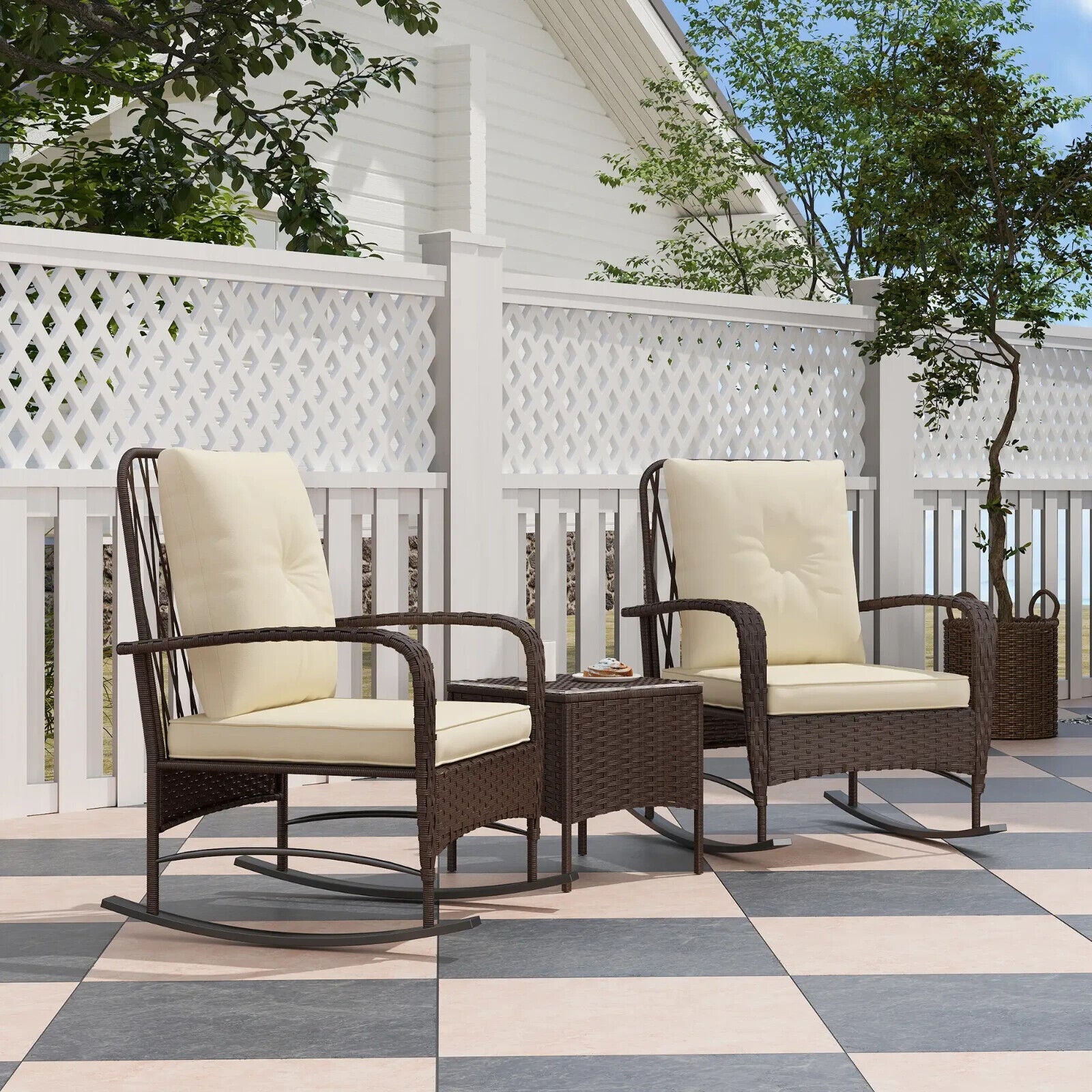 3 Piece Rattan Bistro Set with Rocking Chairs and Glass Top Coffee Table Brown - Home and Garden Furniture Shop - #rustic - furniture#