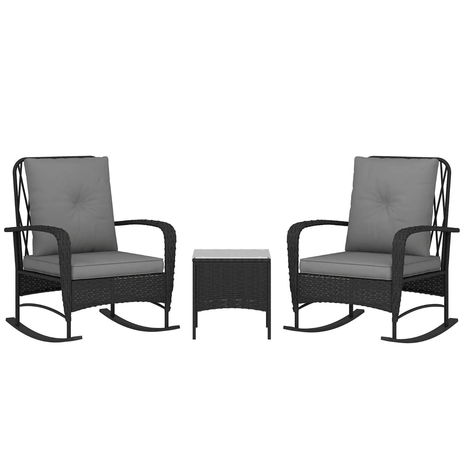 3 Piece Rattan Bistro Set with Rocking Chairs & Coffee Tabl Outdoor Garden Black - Home and Garden Furniture Shop - #rustic - furniture#